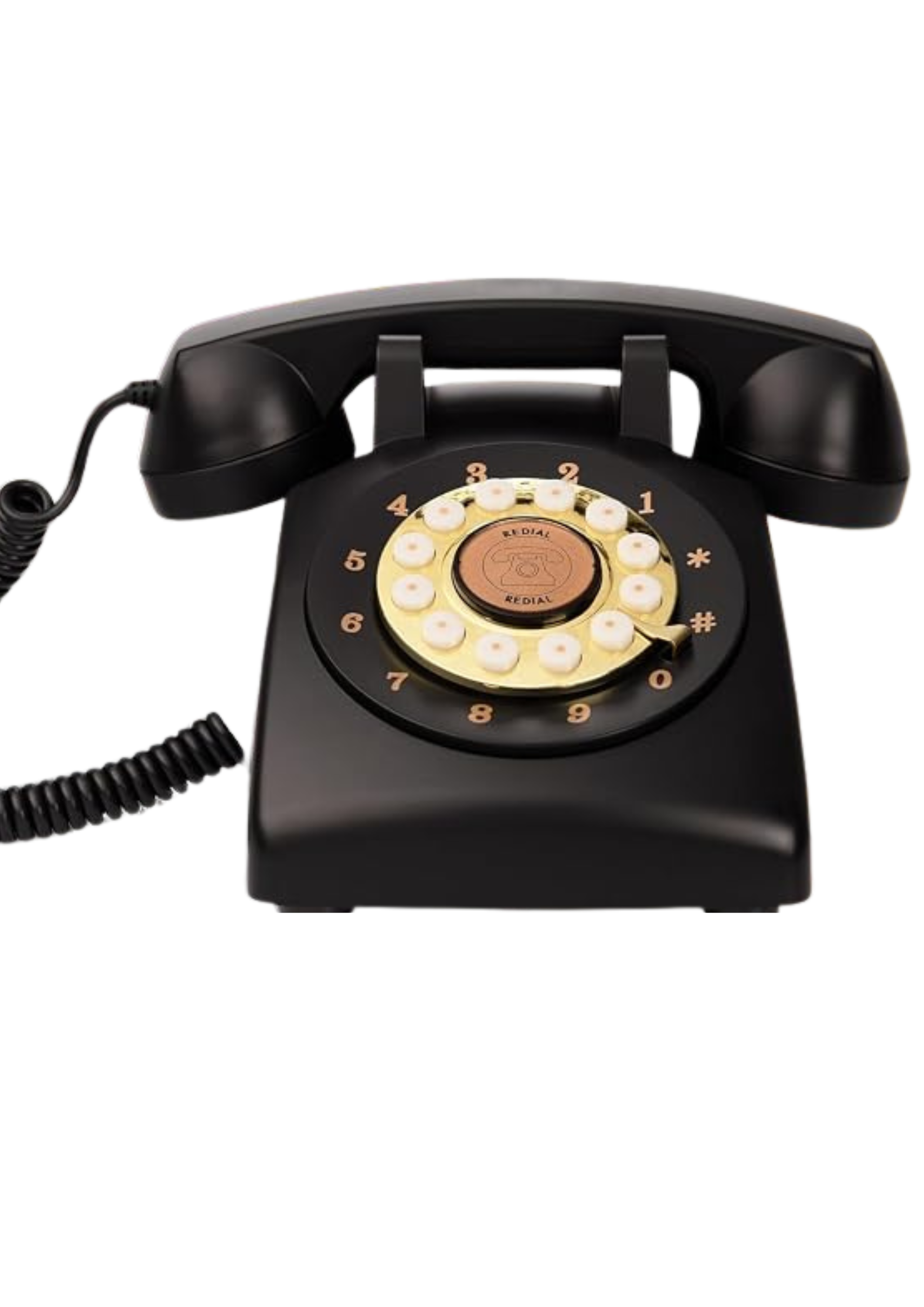 Un téléphone fixe noir de style vintage avec un cadran rotatif visible. La partie centrale montre un logo de téléphone avec la mention 'LE DIAL RÍGUAL'.