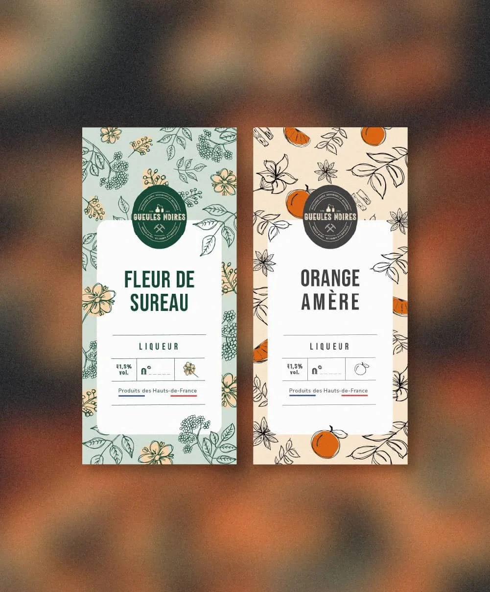 Création d'étiquettes pour la distillerie artisanale Gueules Noires.