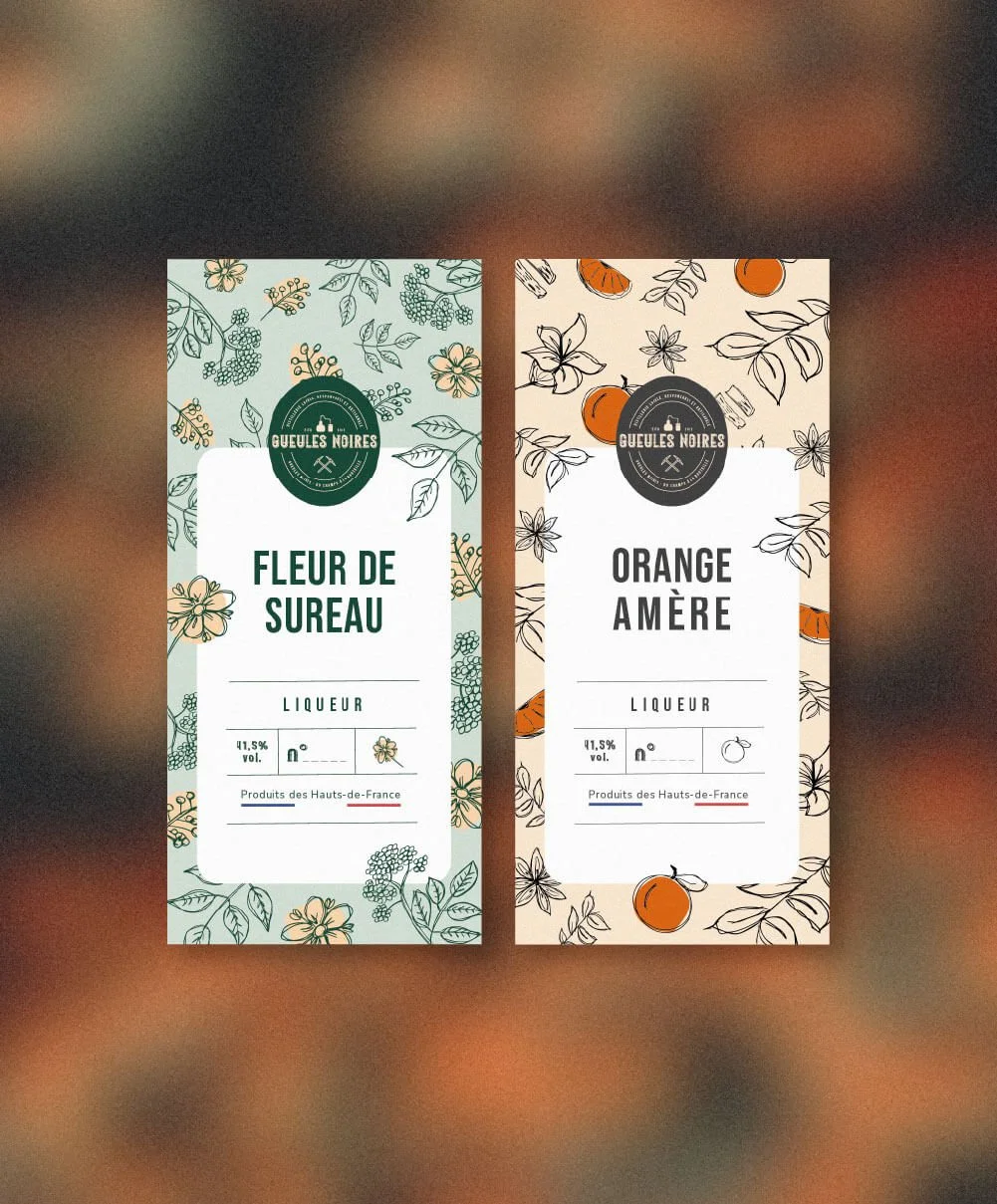 Visuels d'étiquettes pour des liqueurs pour Gueules Noires, distillerie artisanale basée à Lille. Packaging premium, motifs floraux.