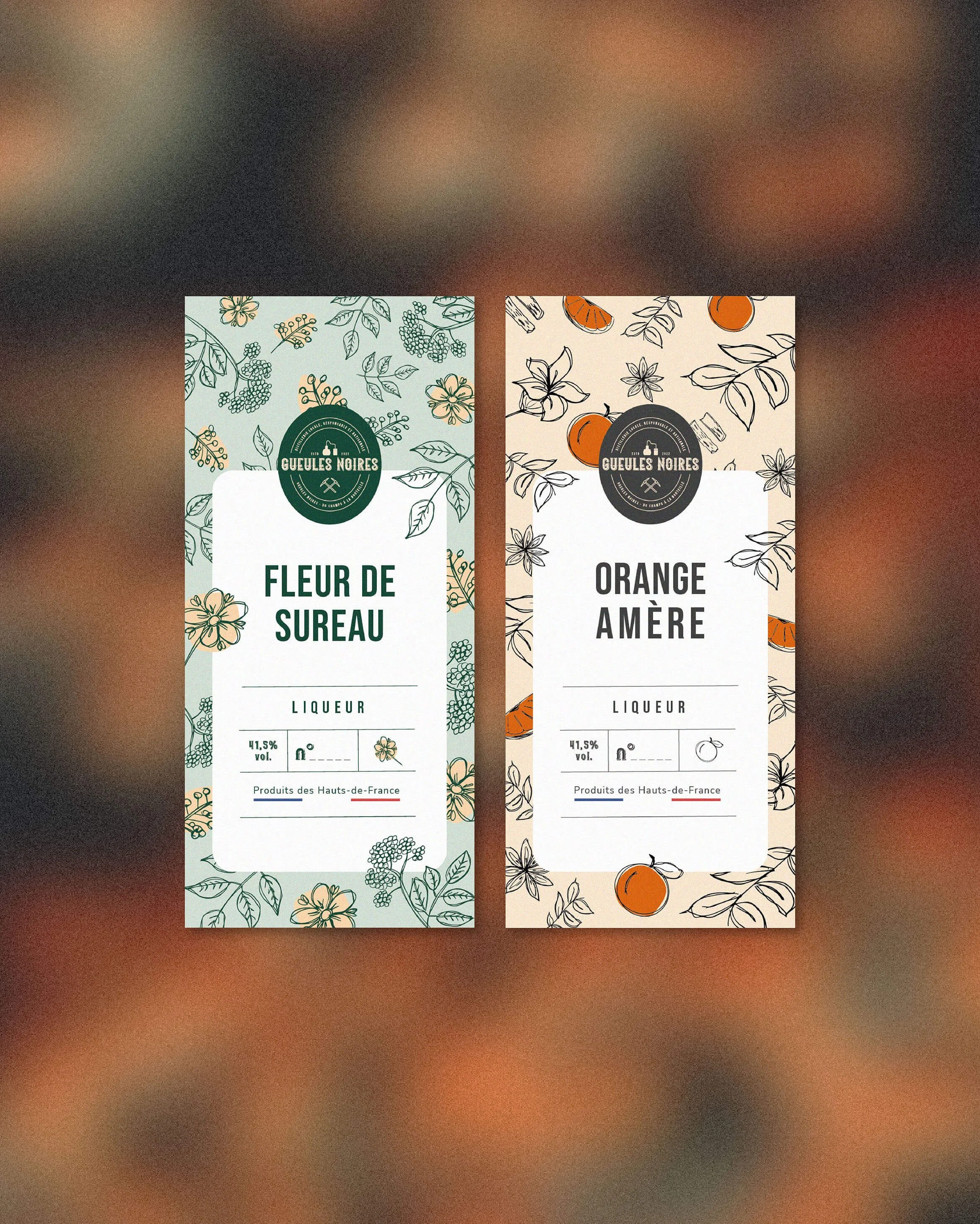 Visuels d'étiquettes pour des liqueurs pour Gueules Noires, distillerie artisanale basée à Lille. Packaging premium, motifs floraux.