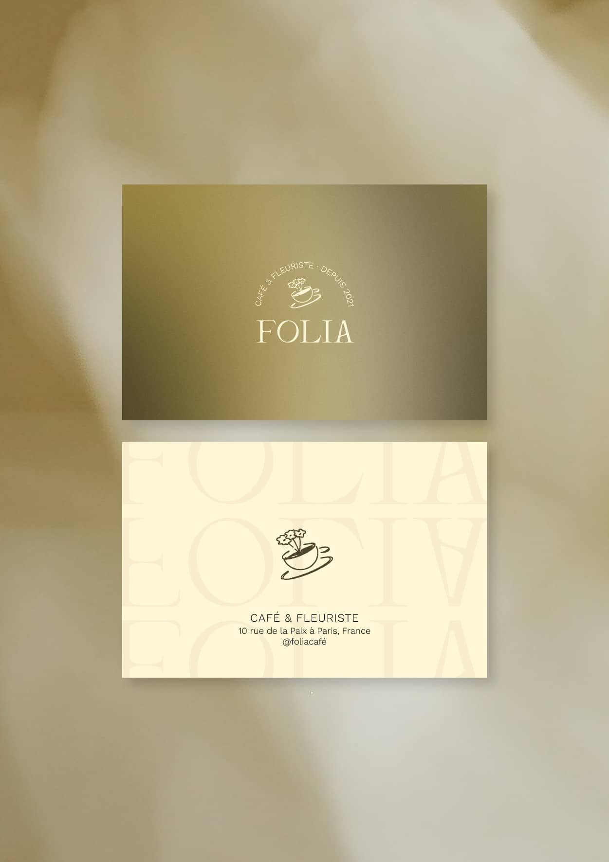 Carte de visite de Folia, univers visuel haut-de-gamme, trendy et élégant.