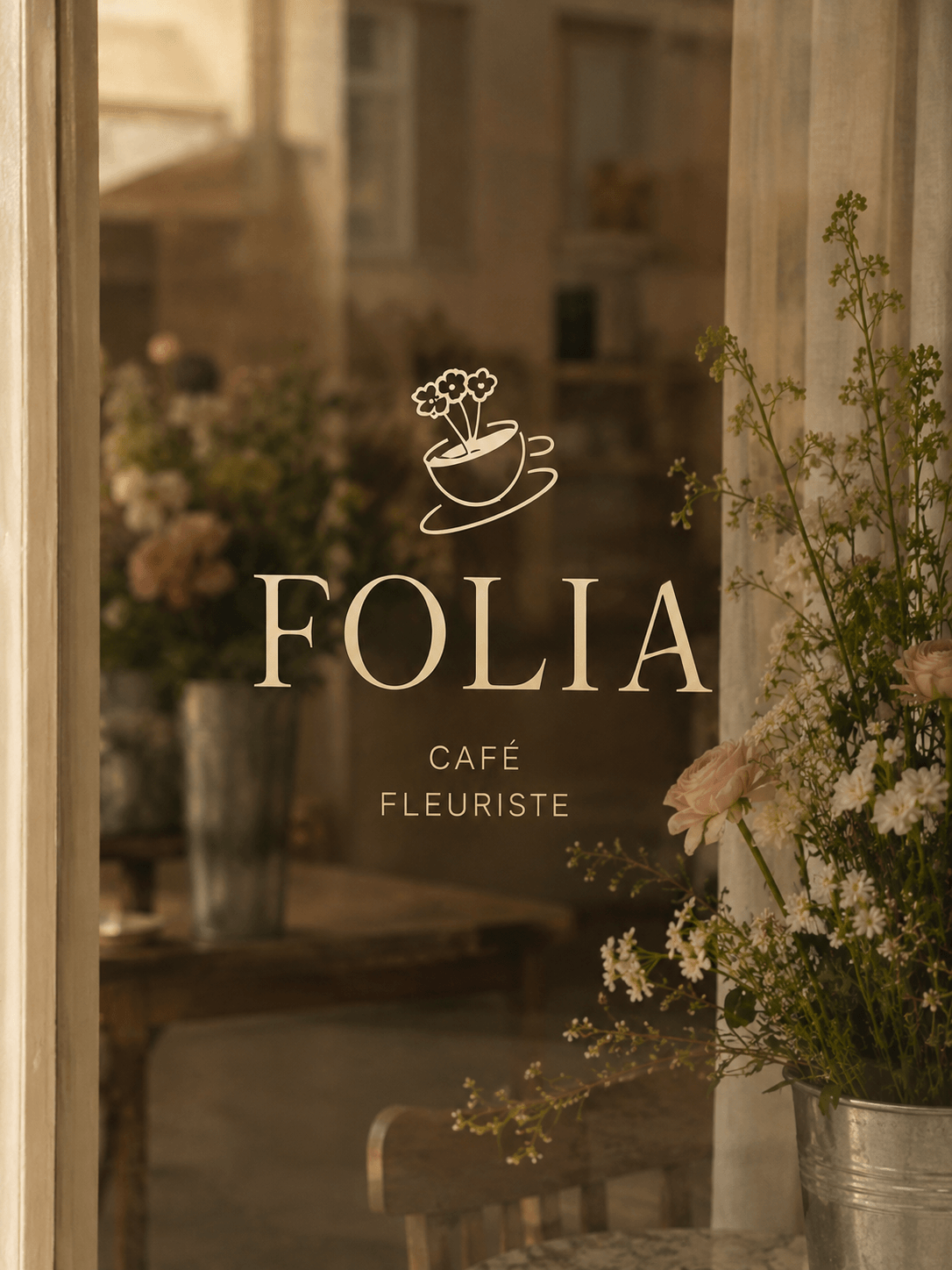 Sticker du logo Folia, collé sur la vitrine du café fleuriste. Typographie élégante, illustration fait main authentique.