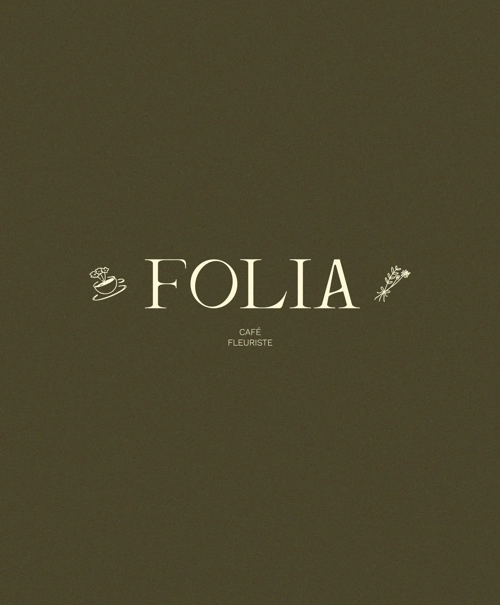 Image représentant le logo de Folia sur fond vert foncé, un café et fleuriste haut-de-gamme.