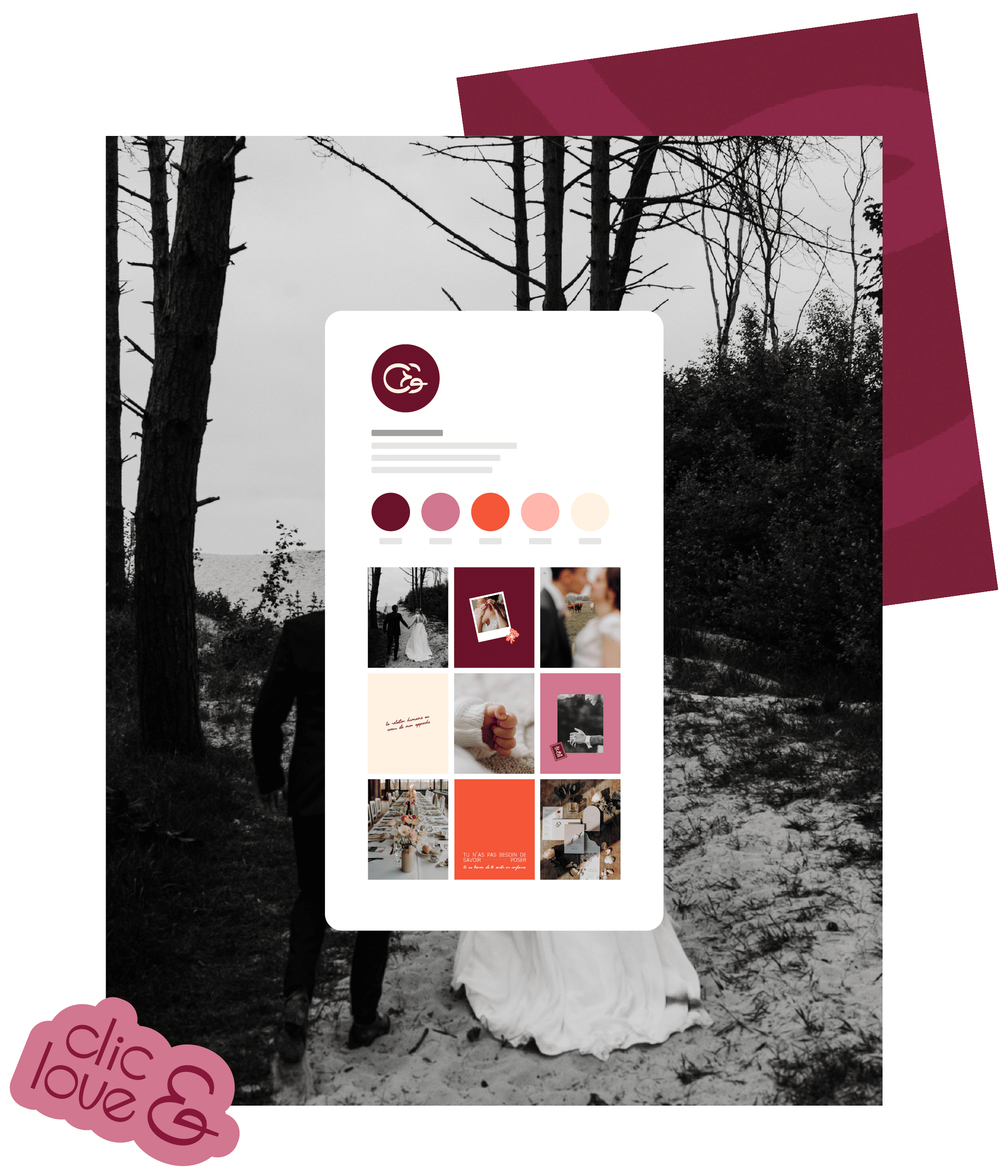 Visuel représentant le feed Instagram de la photographe Clic and Co, aux couleurs de son identité visuelle.