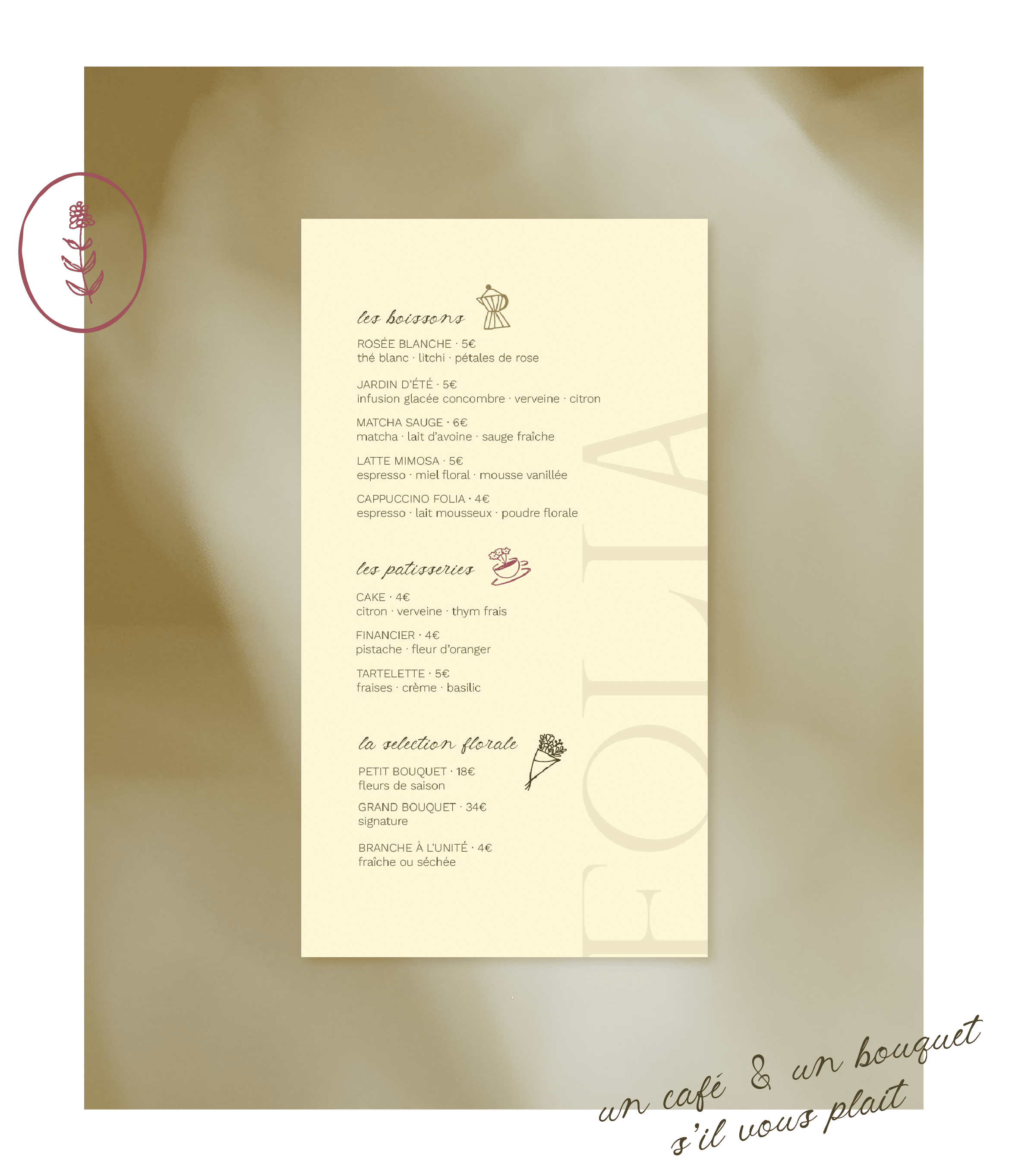 Mise en page du menu pour le café et fleuriste Folia.