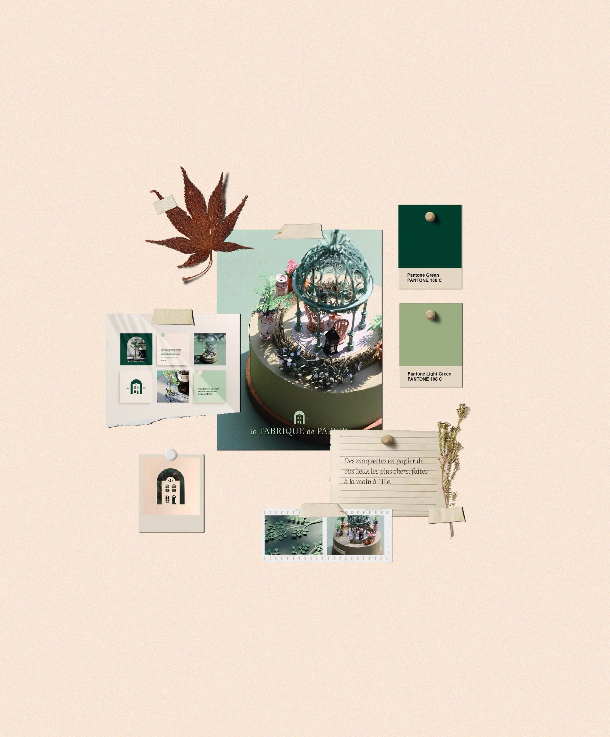 Moodboard de l'univers visuel de La Fabrique de Papier, avec palette de couleurs, typographie et templates Instagram.