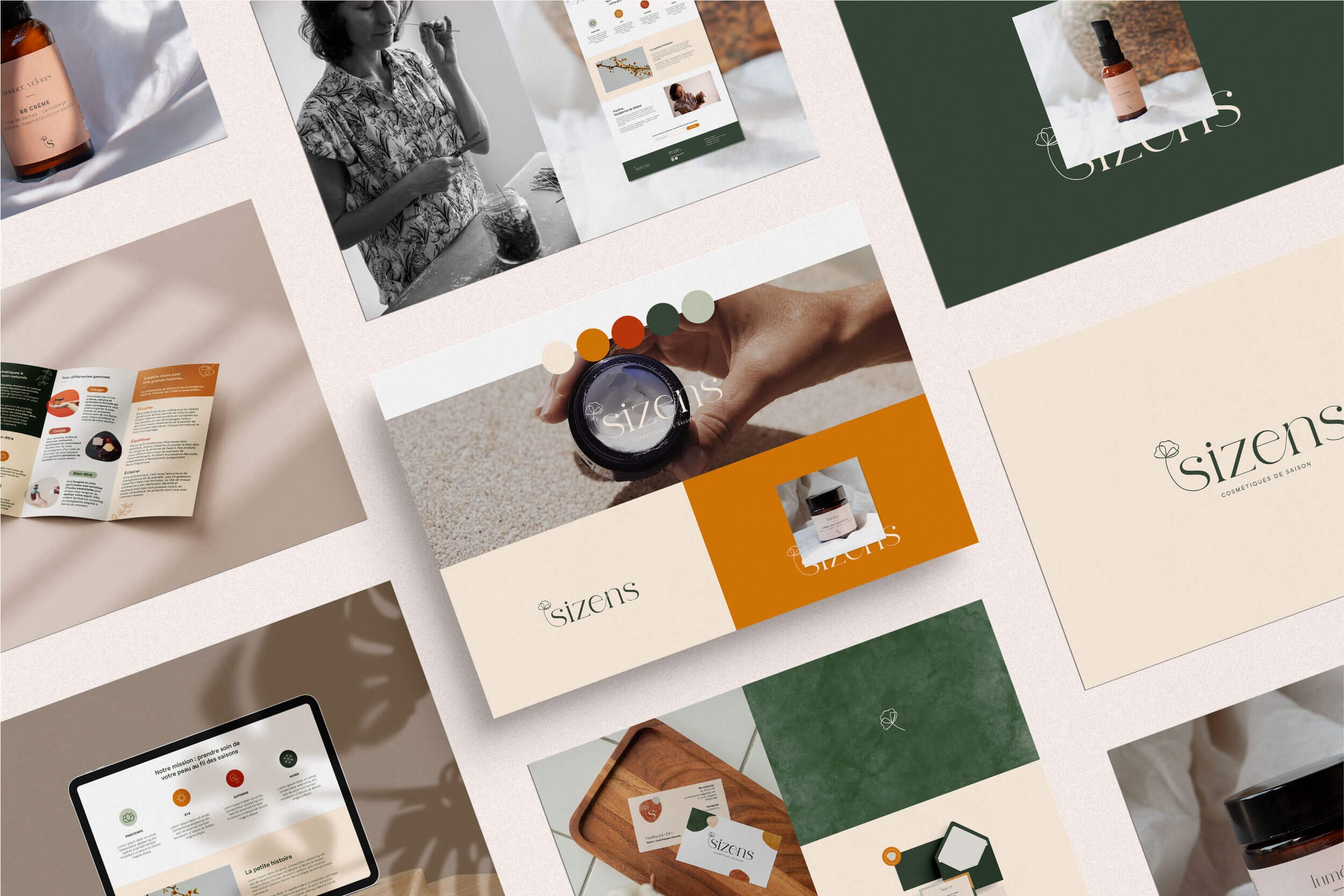 Visuel avec brandboards de l'univers visuelle haut-de-gamme de Sizens, marque de cosmétique naturels.