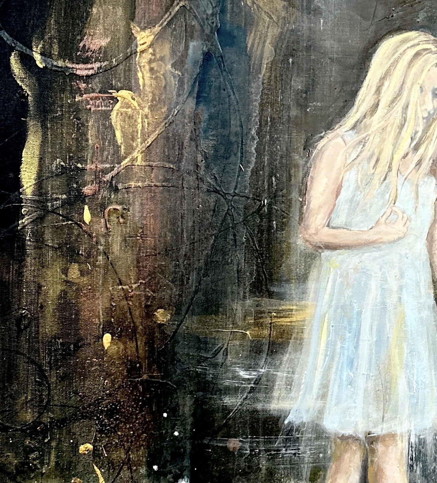 Detail of original figurative painting showing texture and gold accents