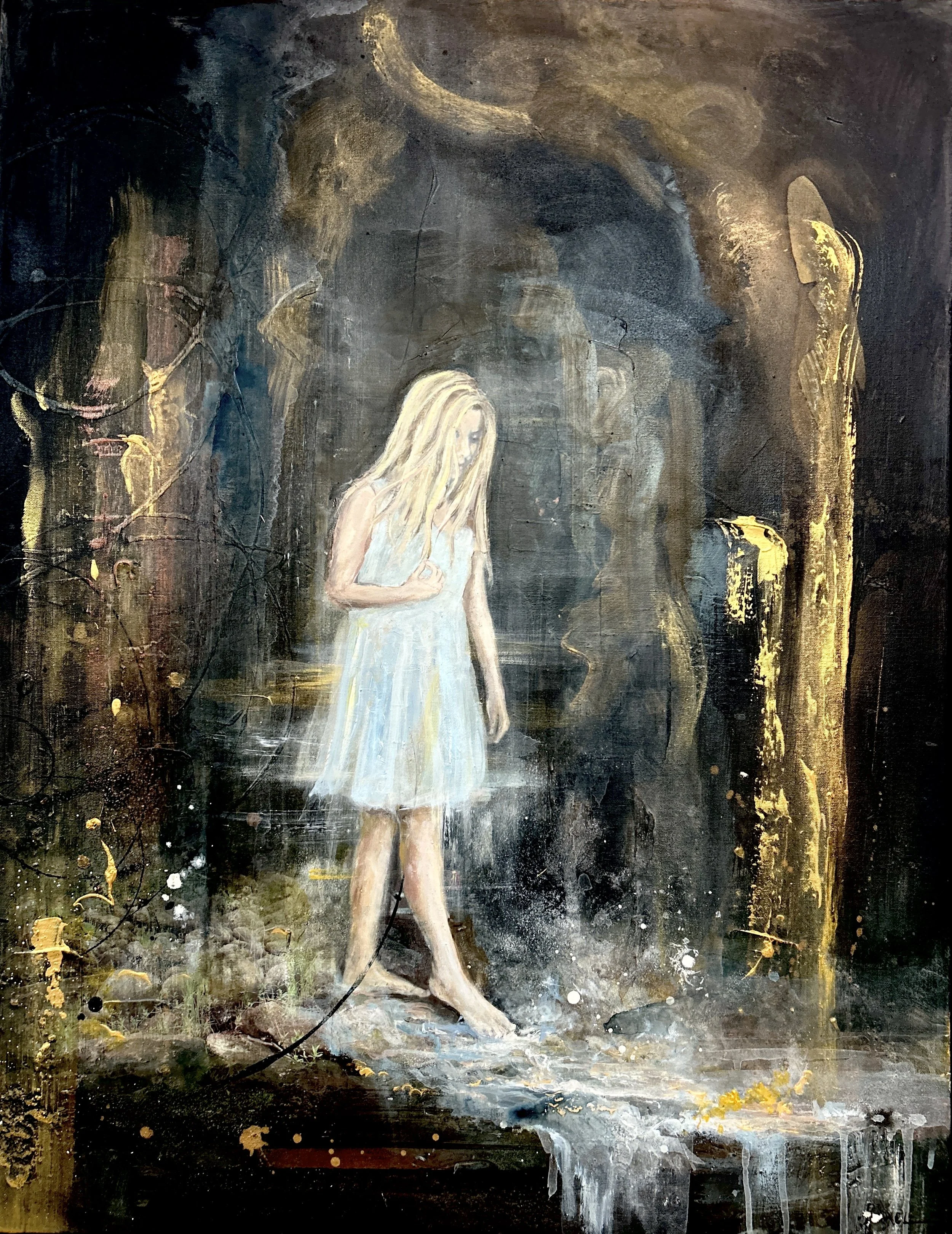 Original figurative painting 70x90 cm by Norwegian artist Rakel Thorsell Flåten in black floating frame