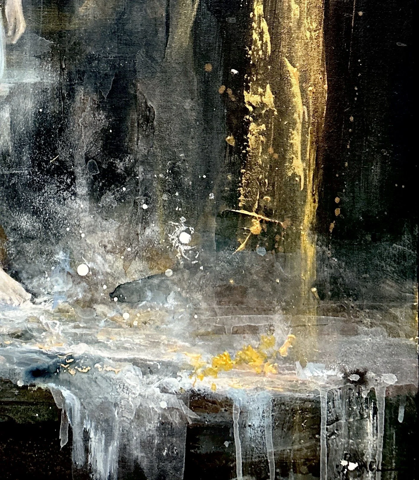 Detail of original figurative painting showing texture and gold accents