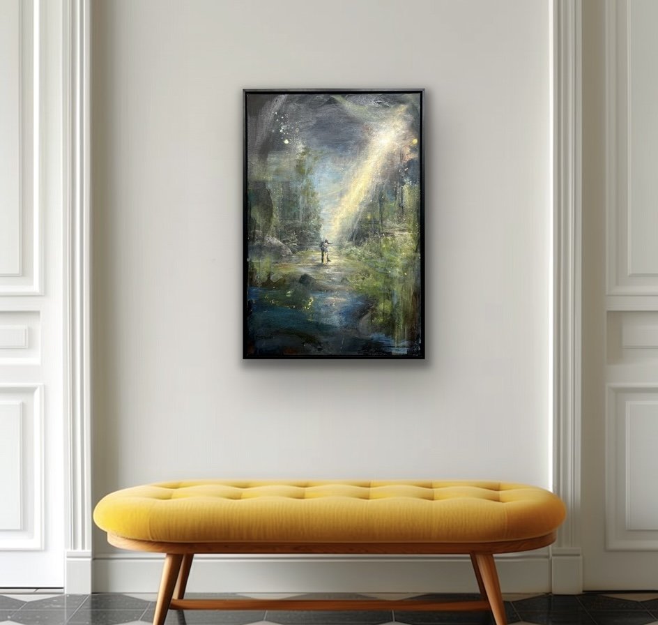 Original forest landscape painting 60x90 cm displayed in modern interior