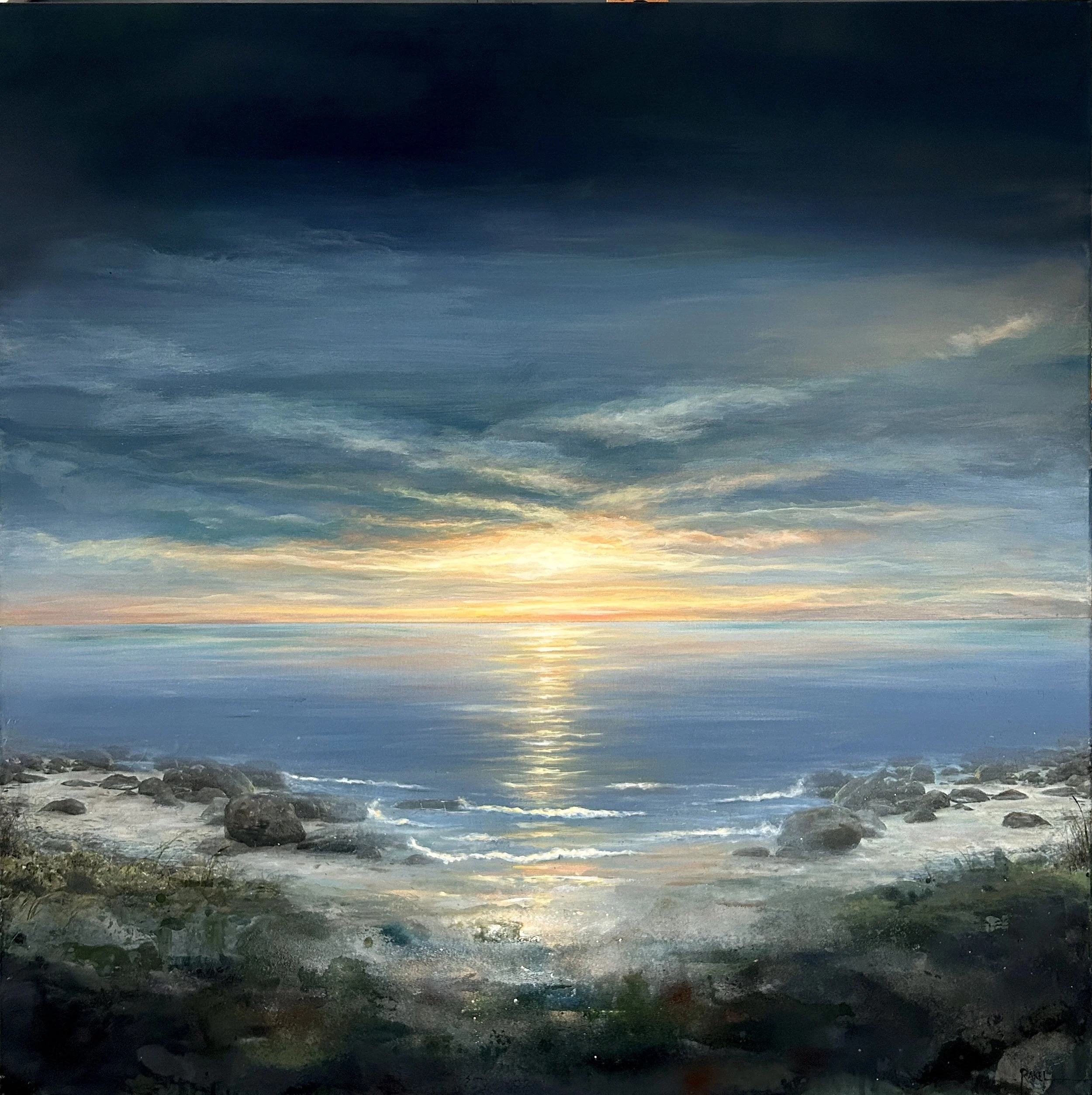 Original abstract seascape painting 120x120 cm by Norwegian artist Rakel Thorsell Flåten