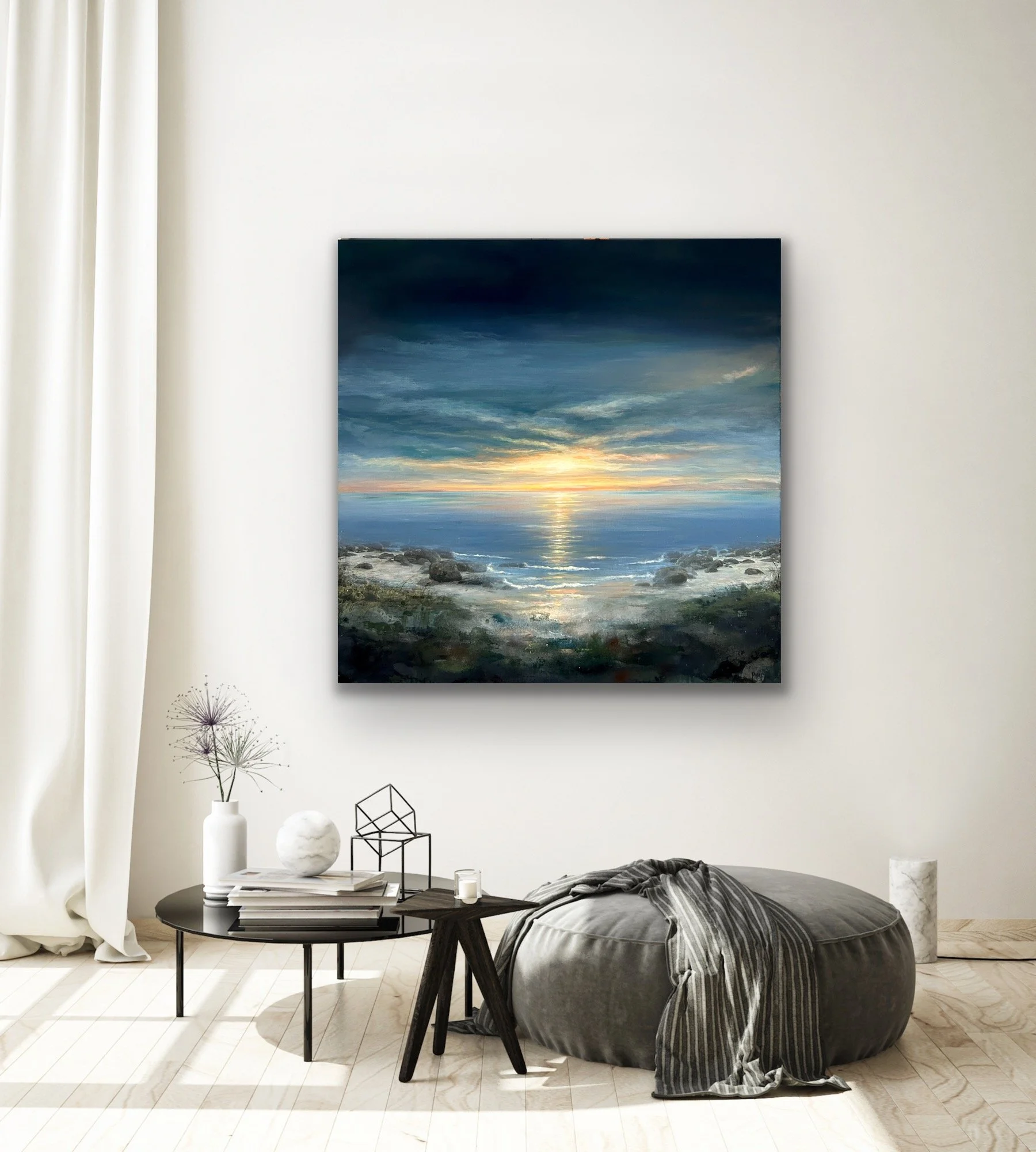 Original abstract seascape painting showing the painting in interior