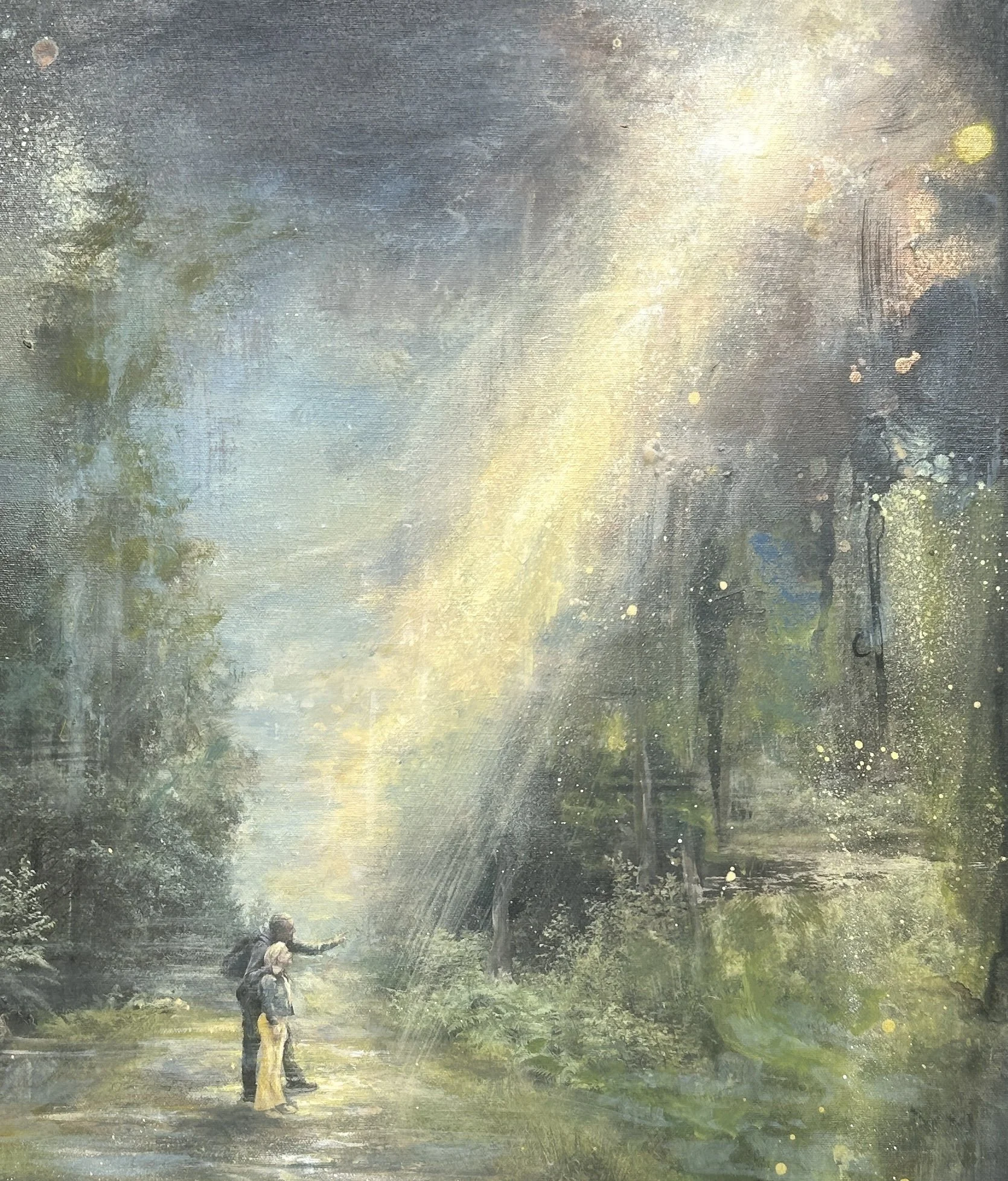 Detail of original landscape painting with light beam and textured brushwork