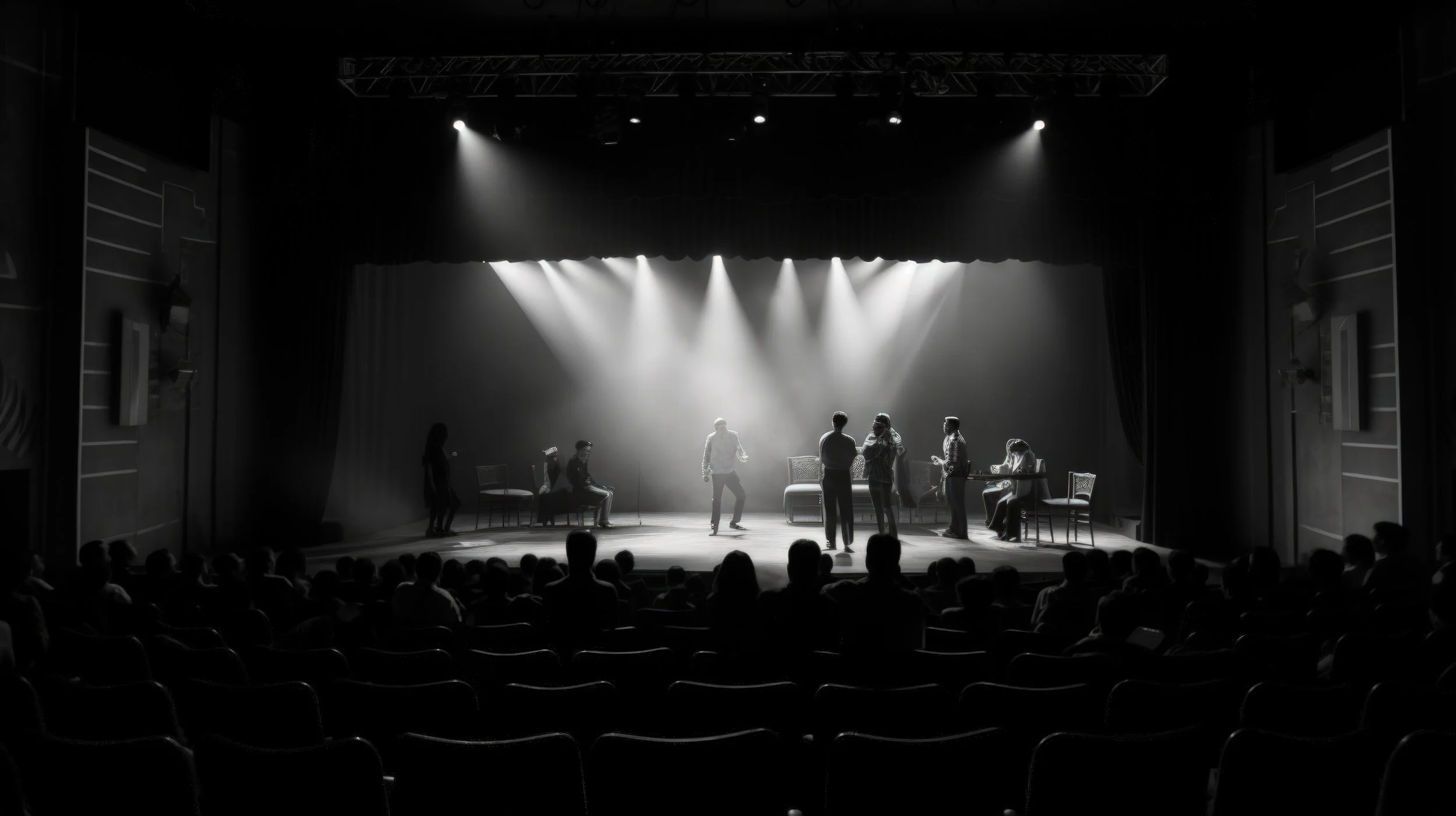 Stage with actors rehearsing, audience seated, stage lit with spotlights, black and white photo.
