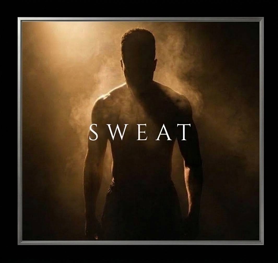 Silhouette of a shirtless man with muscles, backlit with a smoky background, the word 'SWEAT' written across the front.