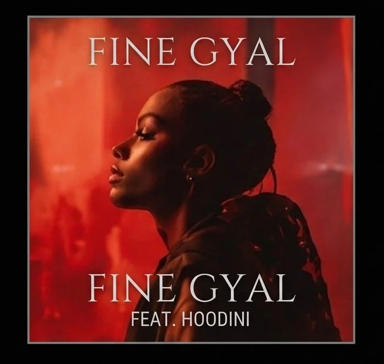 Album cover featuring a profile of a woman with braided hair against a warm red background. The text reads "FINE GYAL" at the top and bottom, with "FEAT. HOODINI" underneath the bottom title.