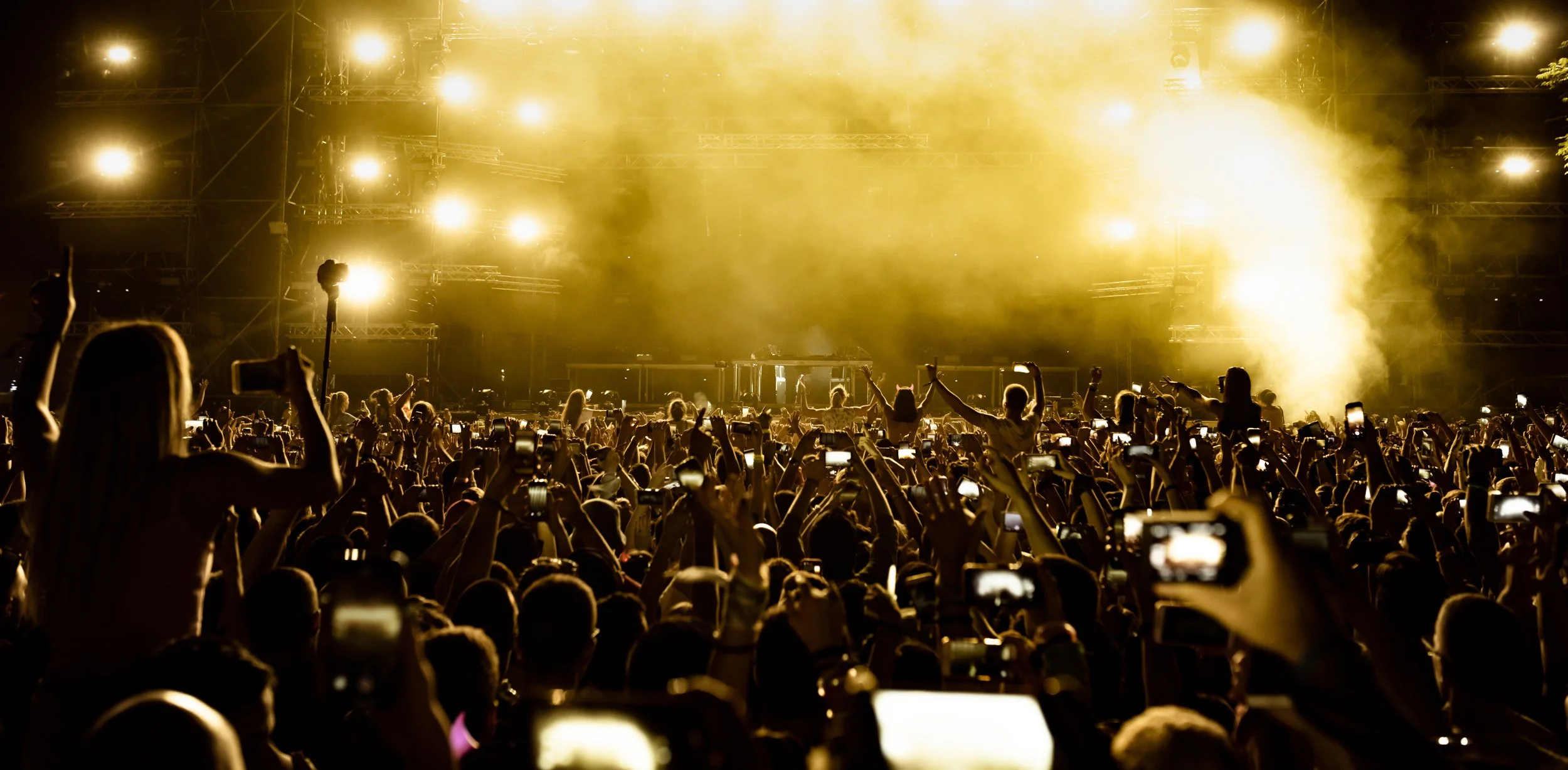 A crowded concert audience at night, with many people holding up their phones and waving, facing a brightly lit stage with yellow lights and smoke effects.