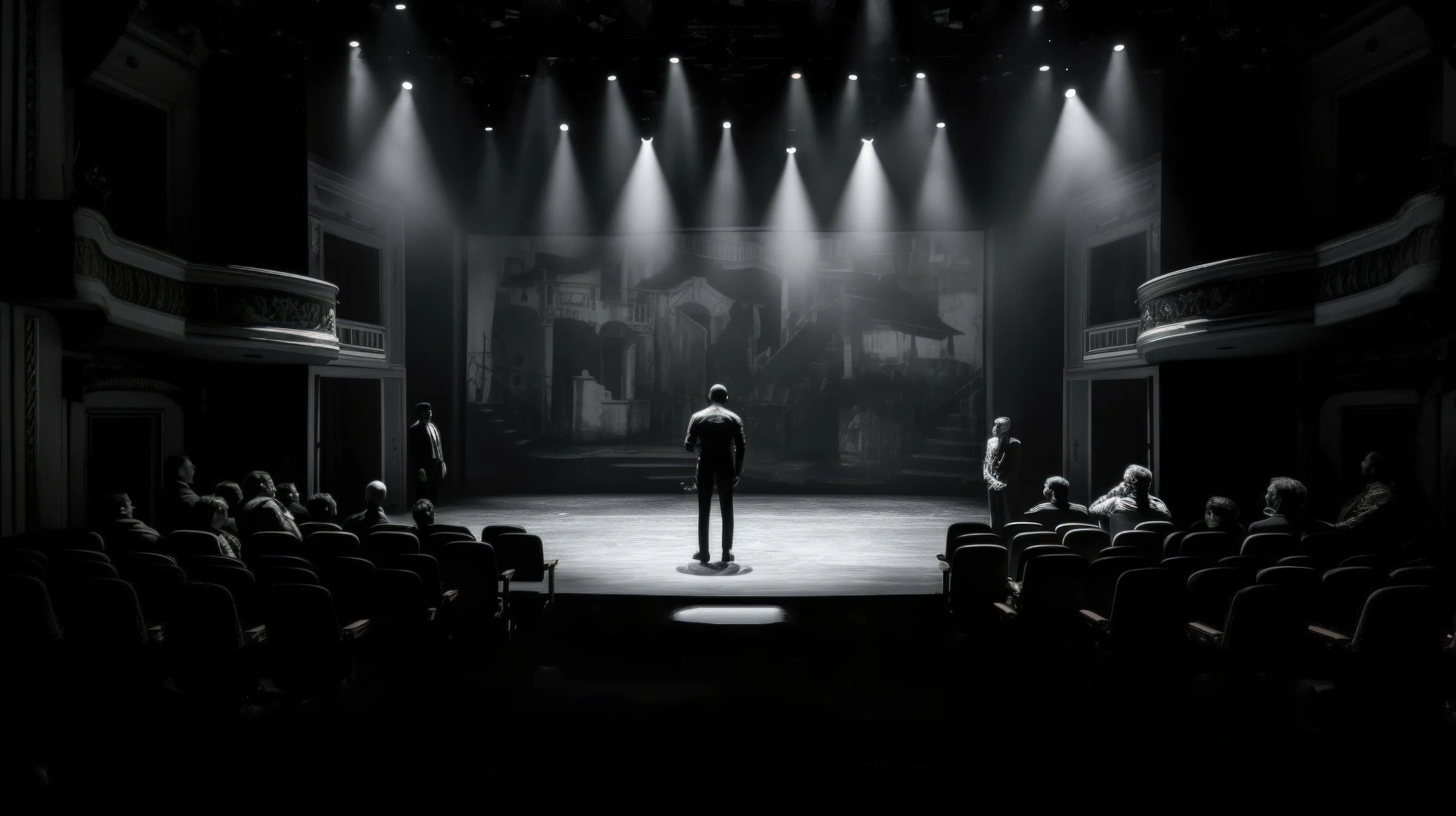 Black and white photo of a theater stage with a backdrop of a city scene, stage lights shining down, eight people on stage and an audience watching.