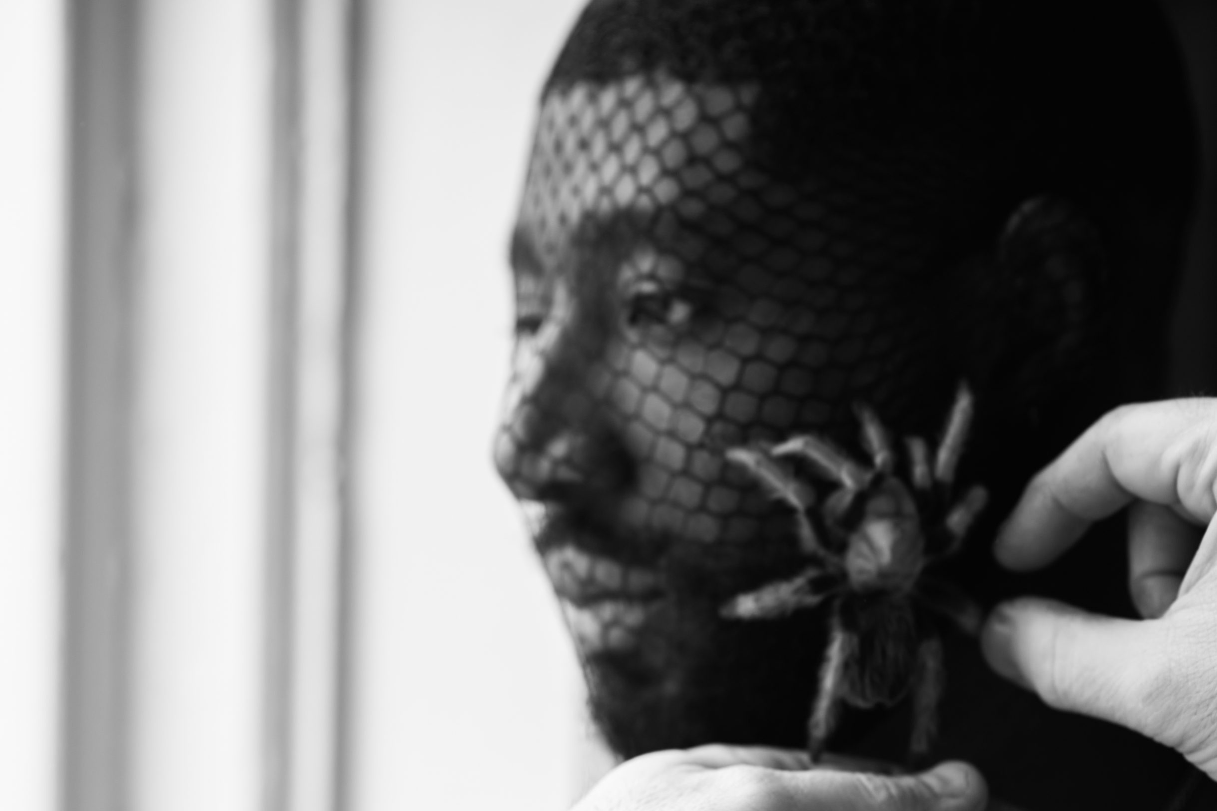 A person wearing fishnet gloves holding a small, detailed snake with scales.