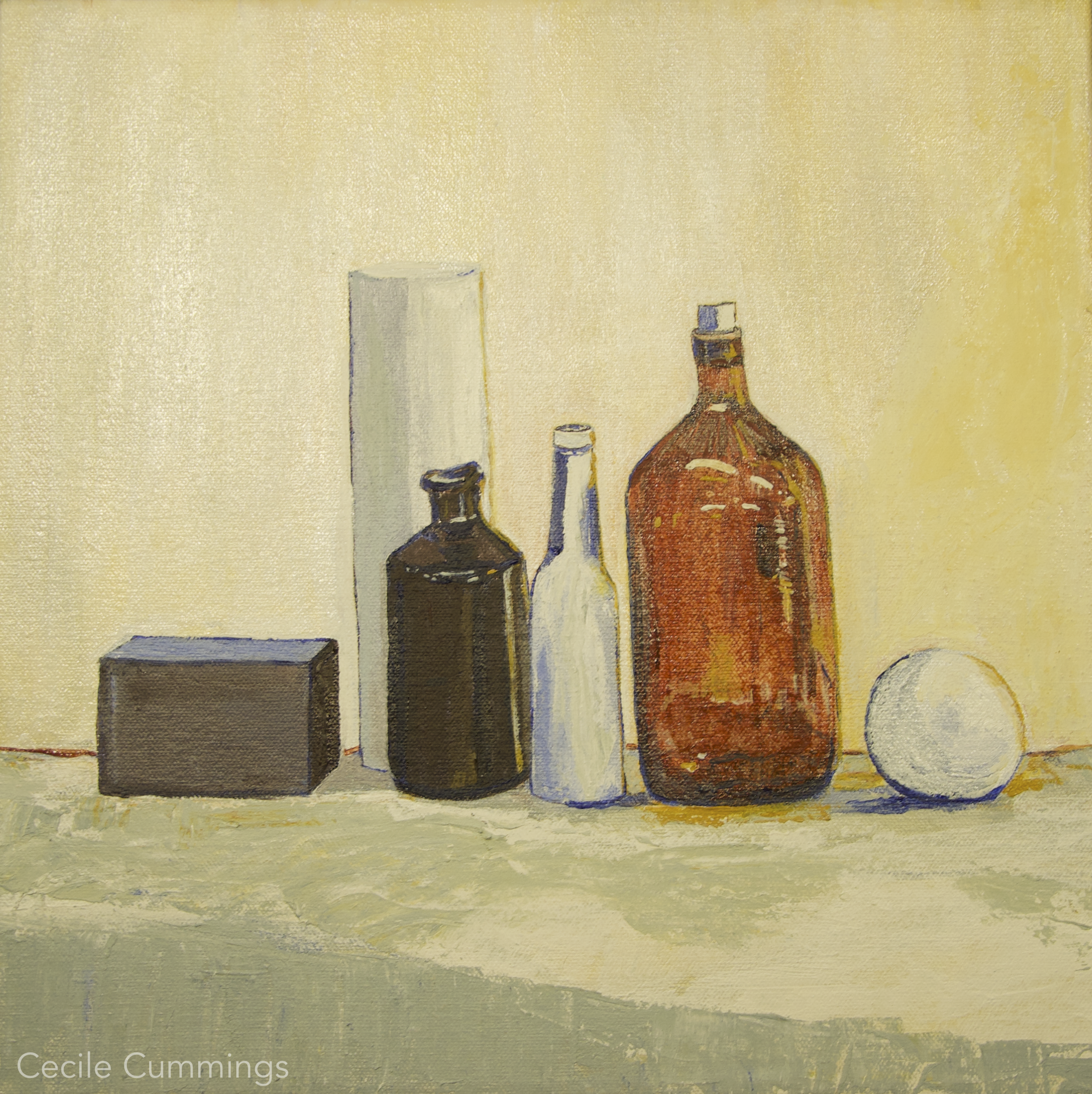 National Art School - Bottles still life No. 1 (30x30cm) - Acrylic on canvas $250