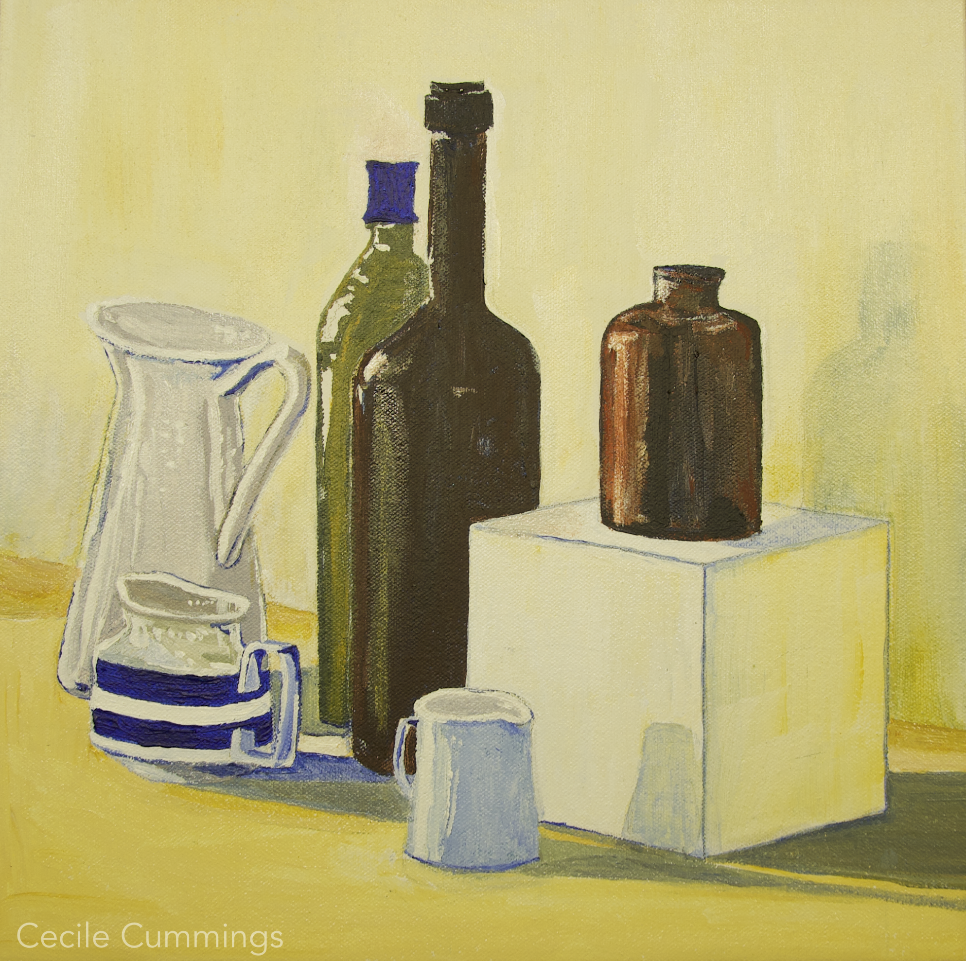 National Art School - Bottles still life No. 3 (30x30cm) - Acrylic on canvas $250