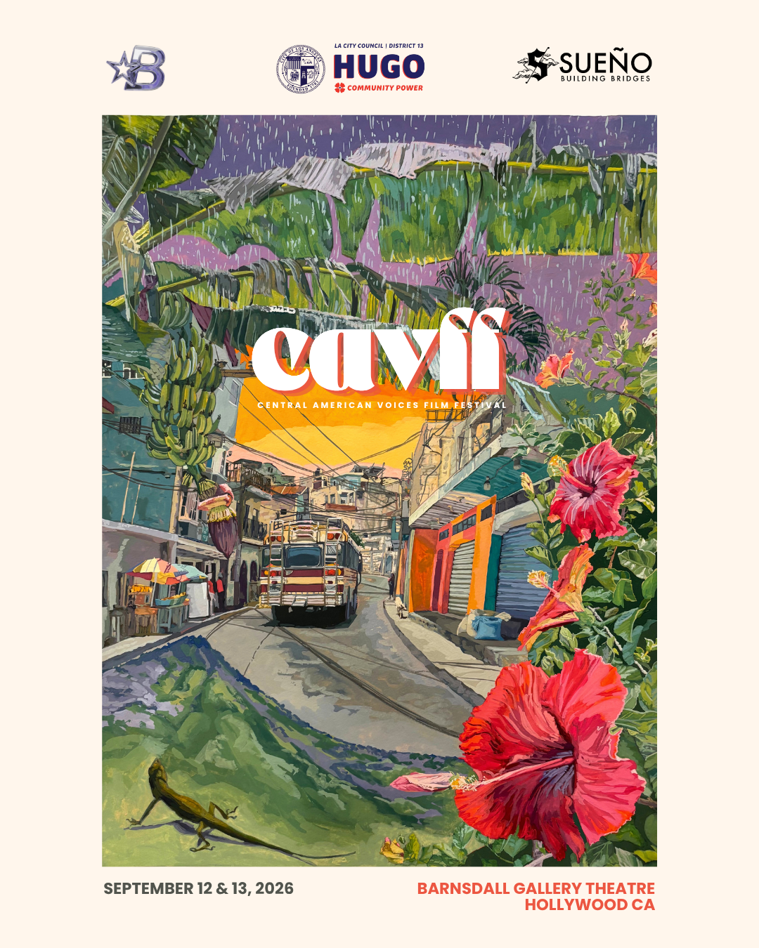Poster for the Central American Voices Film Festival, featuring a colorful street scene with a tram, buildings, vibrant flowers, and a lush green mountain backdrop.
