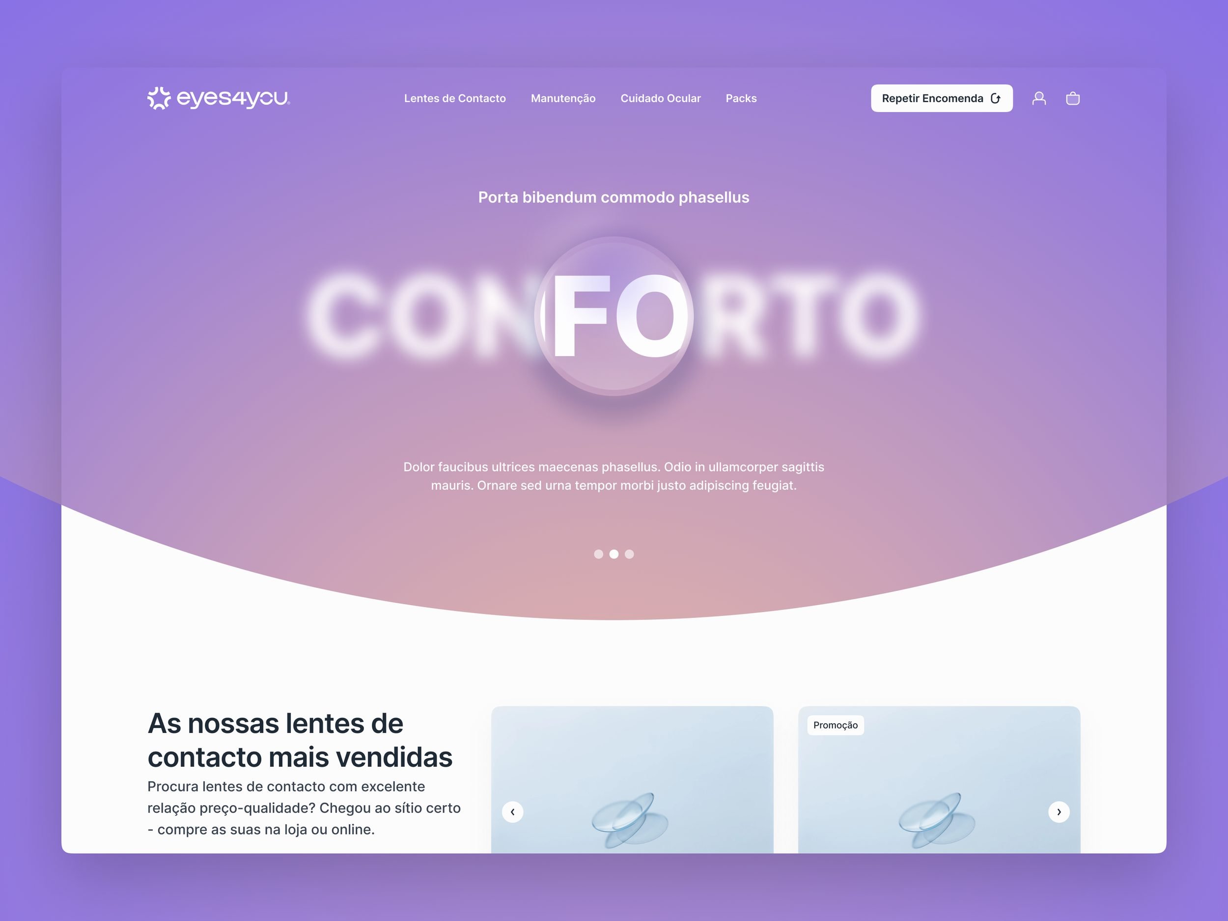 Desktop layout for the eyes4you contact lens platform in violet and white