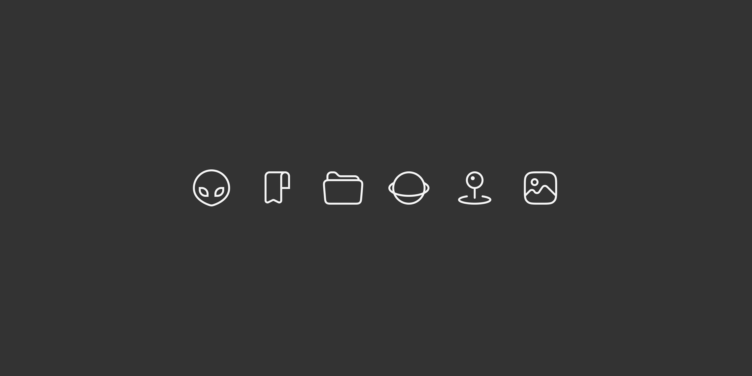 Icons on a dark background: alien head, bookmark, folder, UFO, location pin, landscape. Simple line art style, evenly spaced.