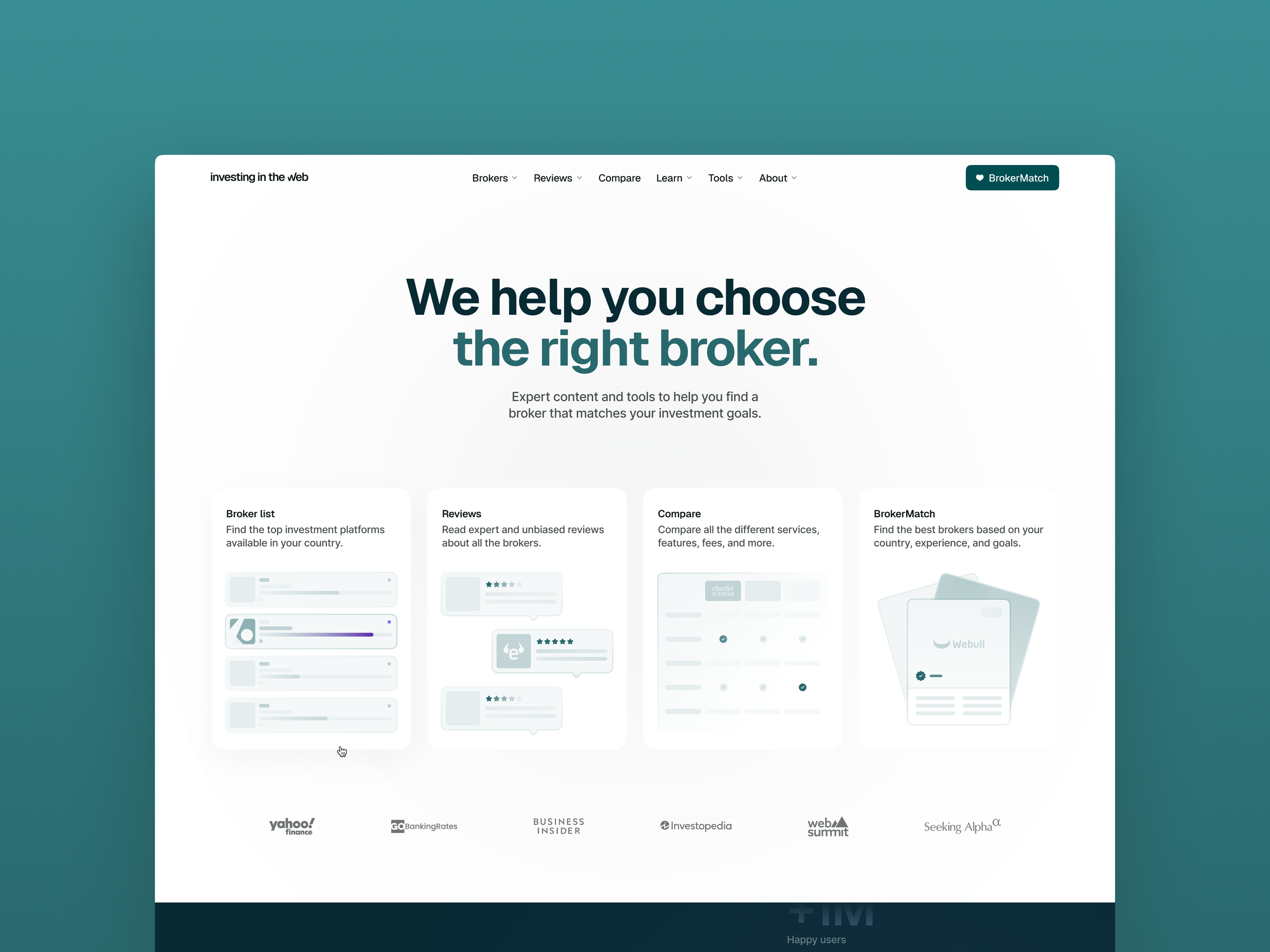 Investing in the Web homepage design with the headline "We help you choose the right broker," featuring broker list, reviews, compare, and BrokerMatch sections