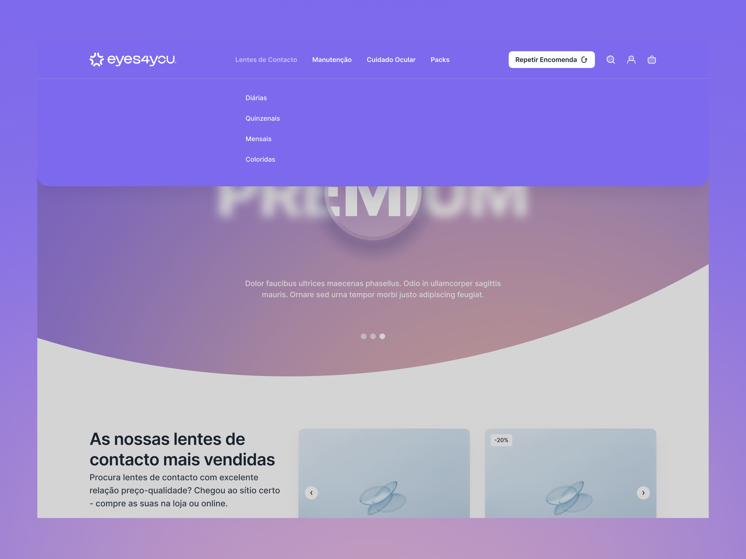 eyes4you website showing an open dropdown menu with contact lens categories including Diárias, Quinzenais, Mensais, and Coloridas on a purple gradient background