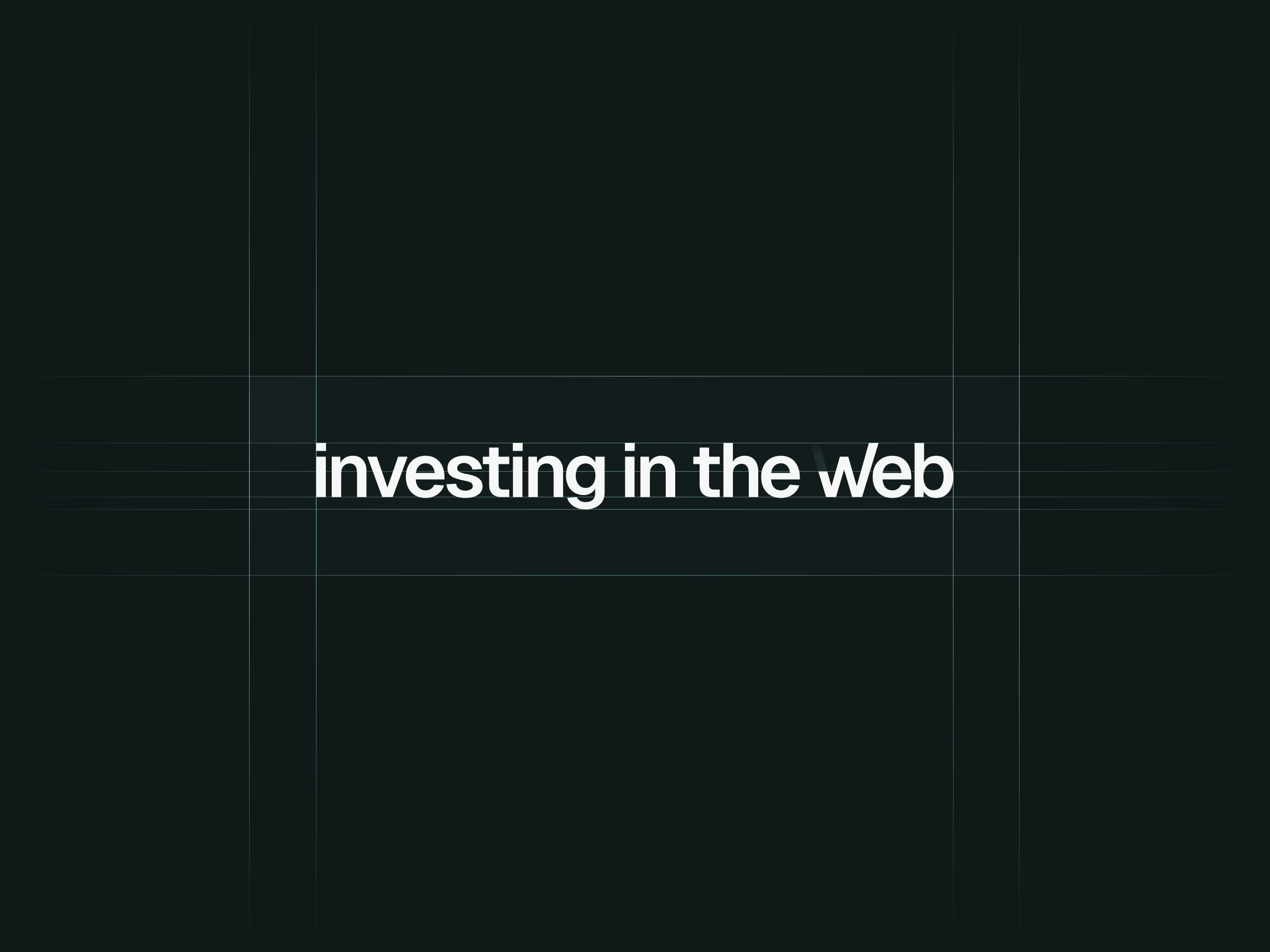 Investing in the Web wordmark in white on a dark background with alignment grid lines showing the custom lowercase w letterform