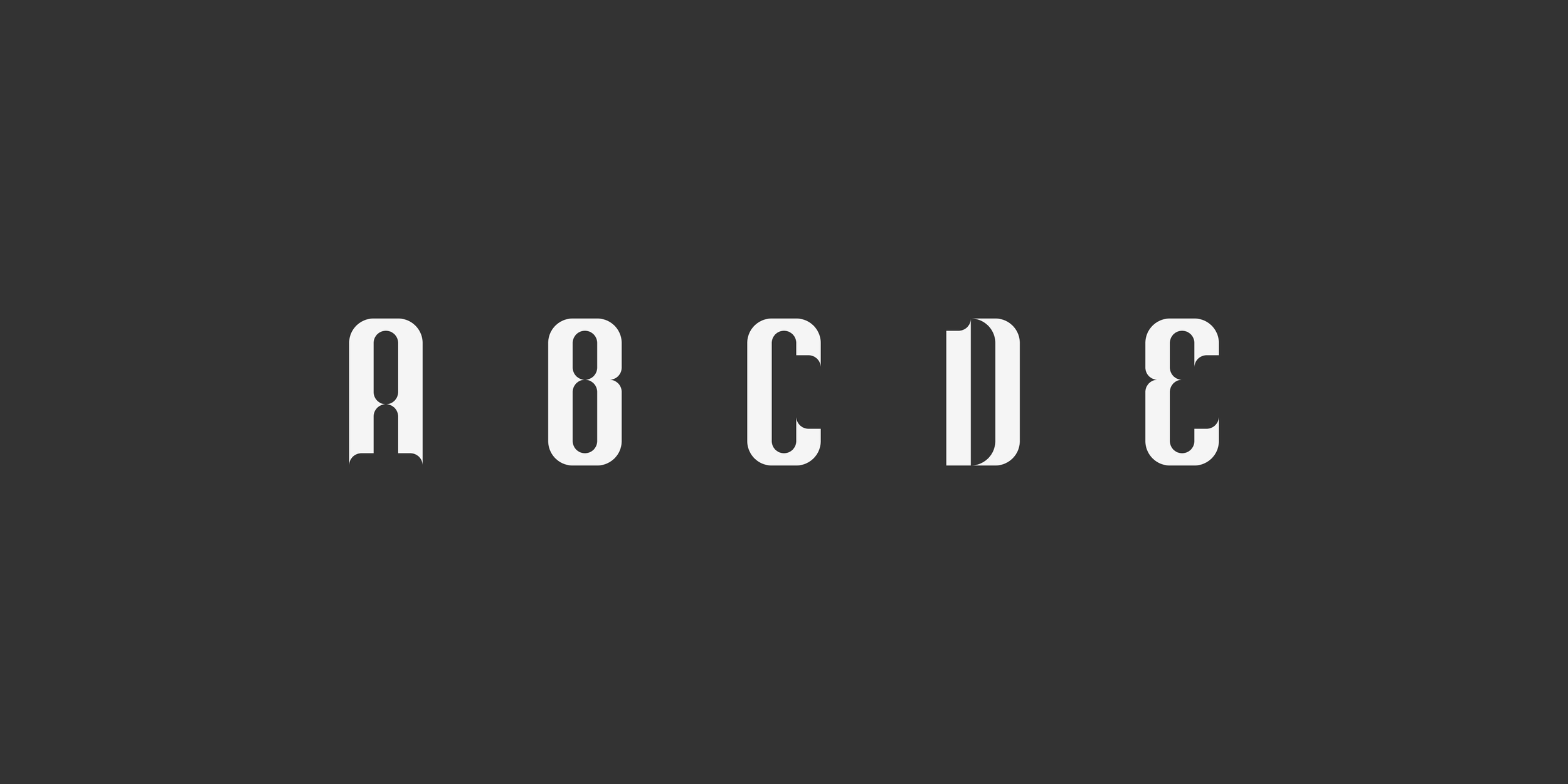 Bold white letters "ABCDE" in vertical lines on a dark gray background, resembling a stylized barcode. Modern, minimalist design.