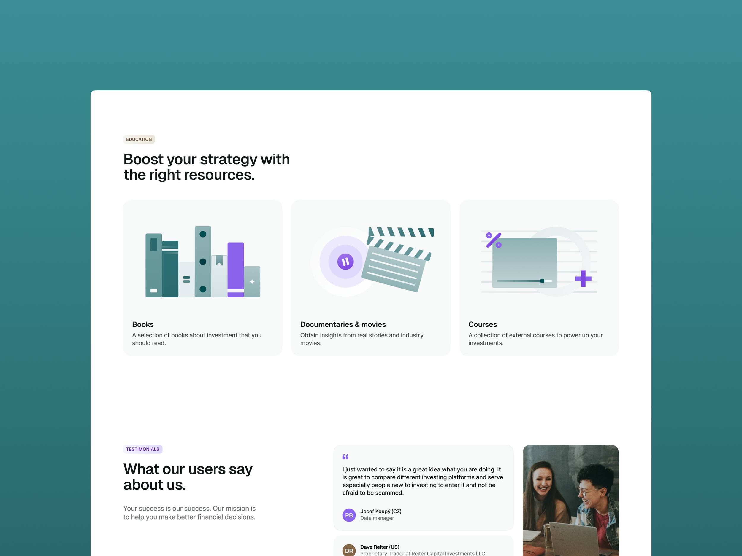Investing in the Web product page showing a resources section with books, documentaries, and courses cards, plus a user testimonials section below