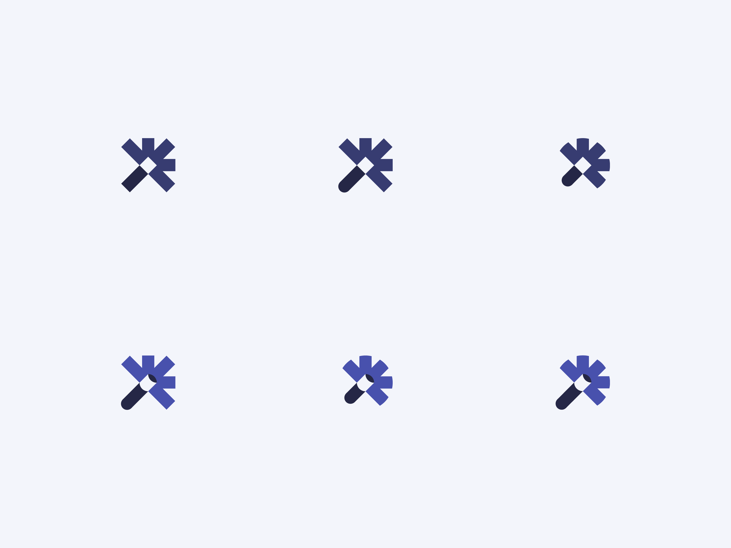 Six early logo mark variations for Instance arranged in a grid, exploring different asterisk and cross shapes in navy and dark blue
