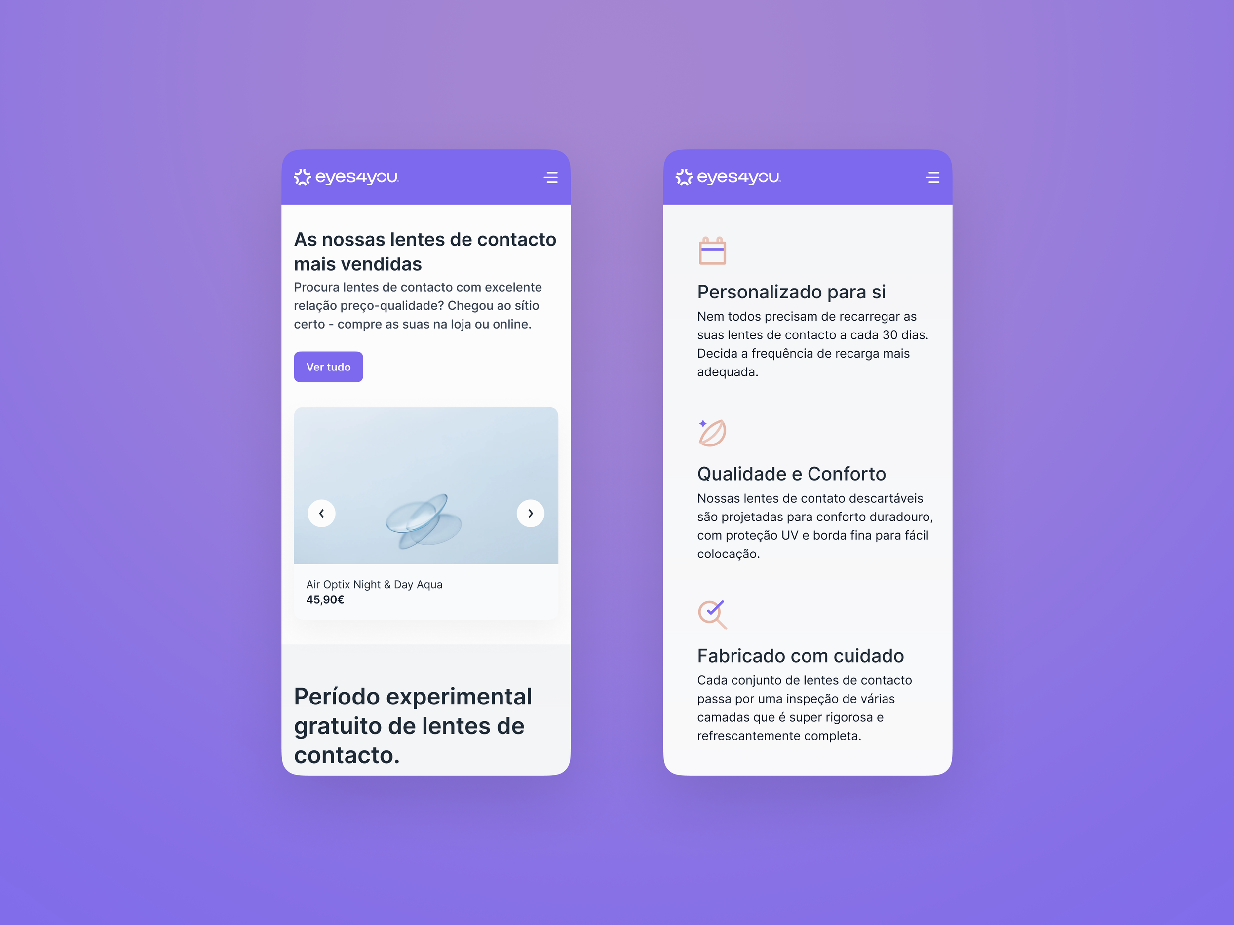 Two eyes4you mobile screens side by side showing the best-selling contact lenses product carousel and the feature cards section on a purple background