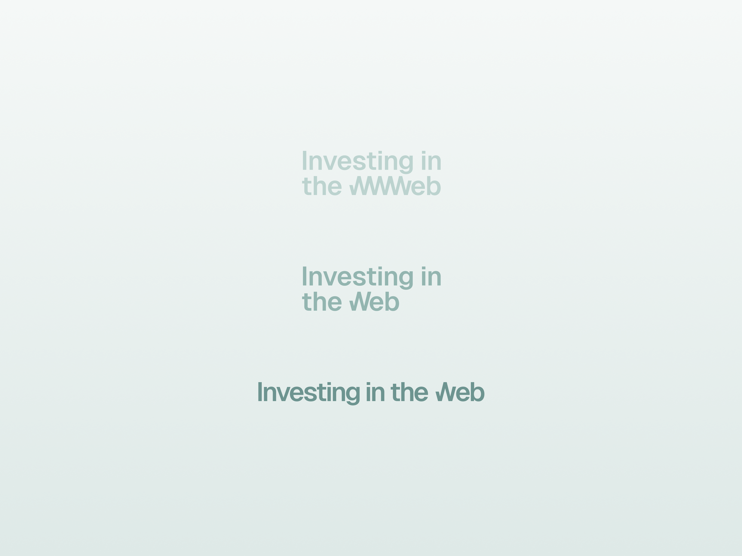 Three wordmark iterations for Investing in the Web, evolving from "Investing in the WWWeb" to the final single-line version with a custom w