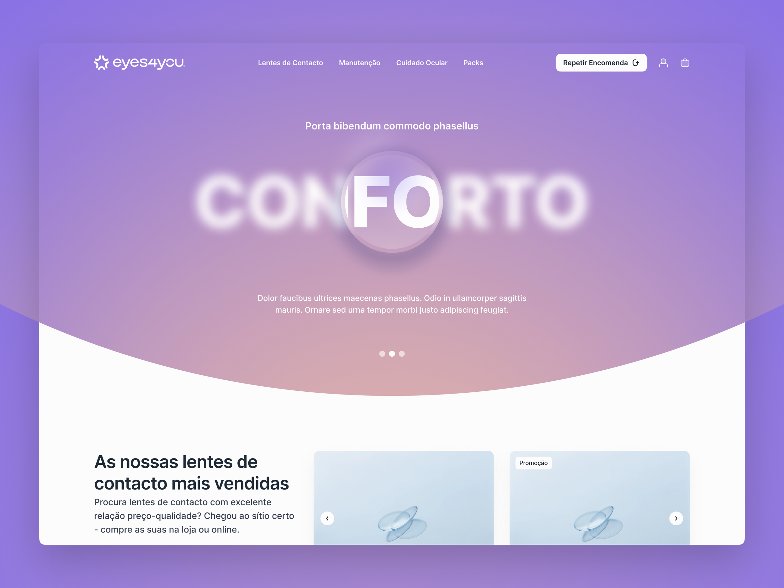 eyes4you homepage hero section with the word CONFORTO in large blurred text, a sharp focus circle in the center, and a violet-to-peach gradient background