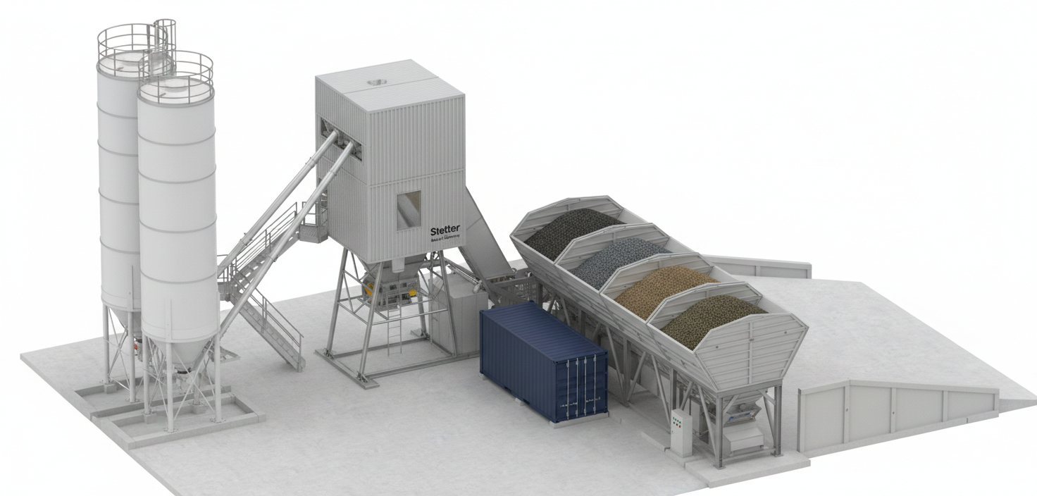 Modell van een betoncentrale met silo's, mengmachine, transportbanden en een opslagcontainer.