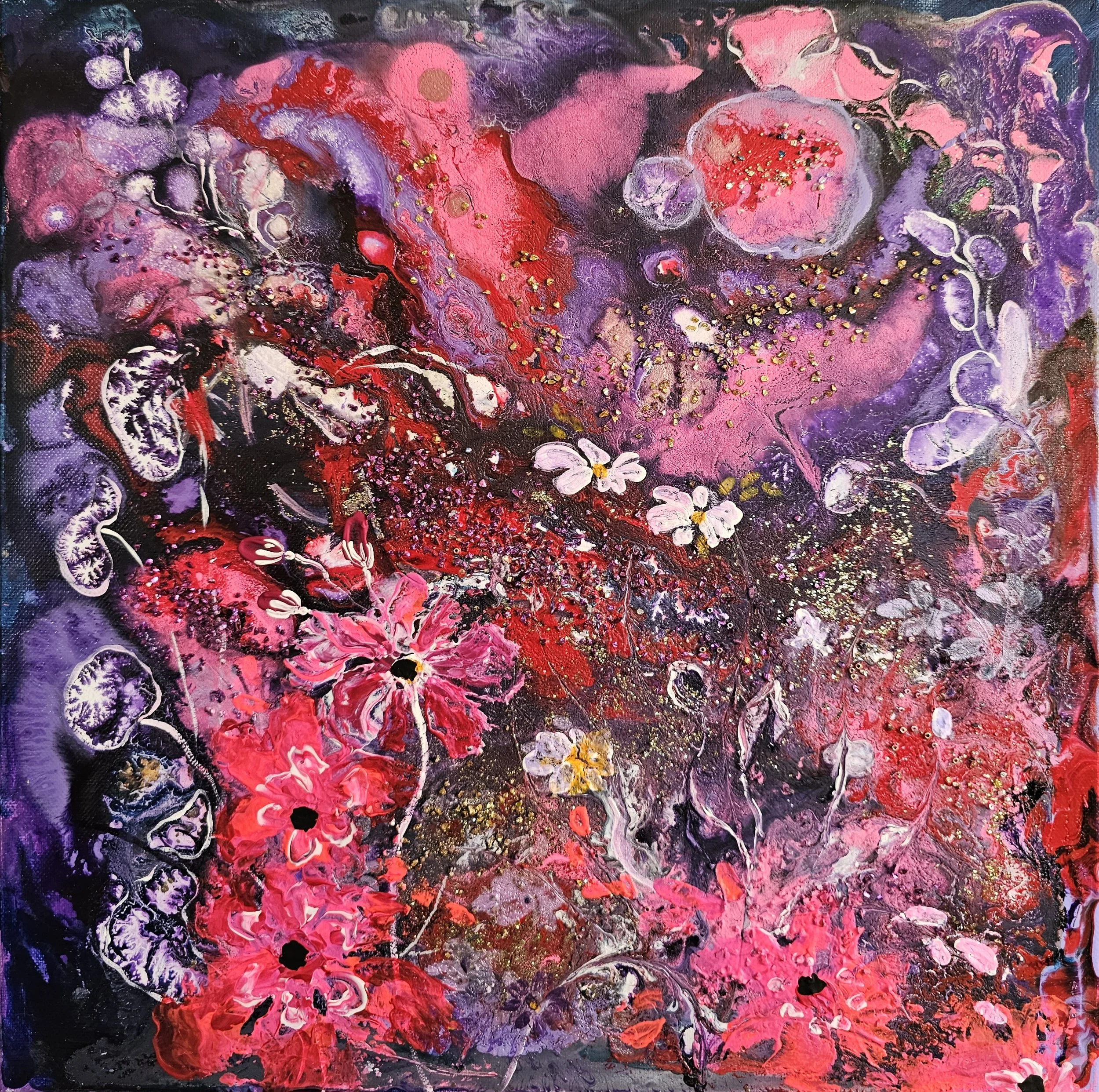 Abstract floral painting with pink, purple, red, black, and gold colors, featuring various flowers, butterflies, and swirling patterns.