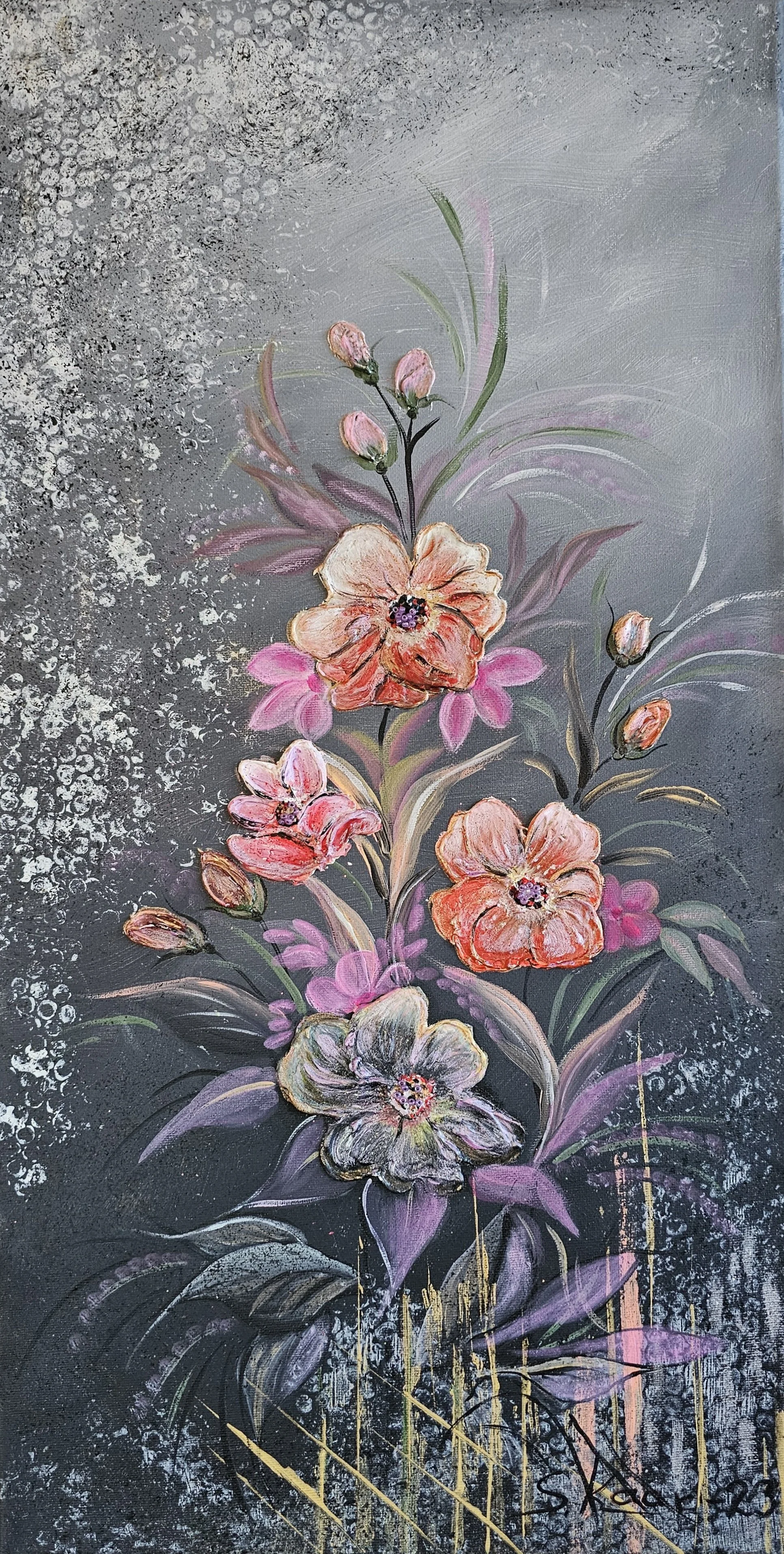 A floral painting featuring pink, purple, and orange flowers with green leaves on a dark abstract background.