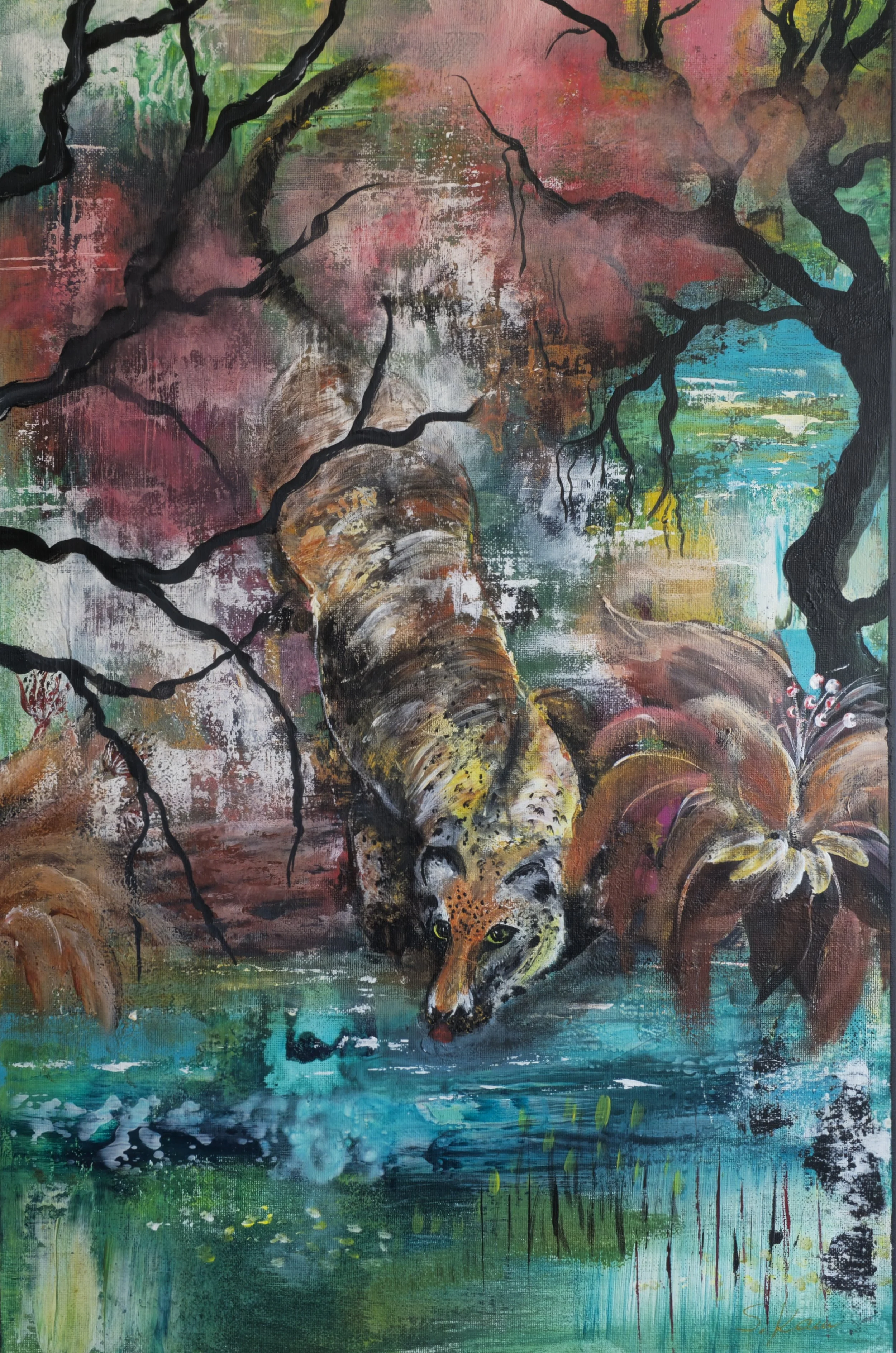 Abstract painting of a jaguar drinking from a water body with trees and colorful foliage.