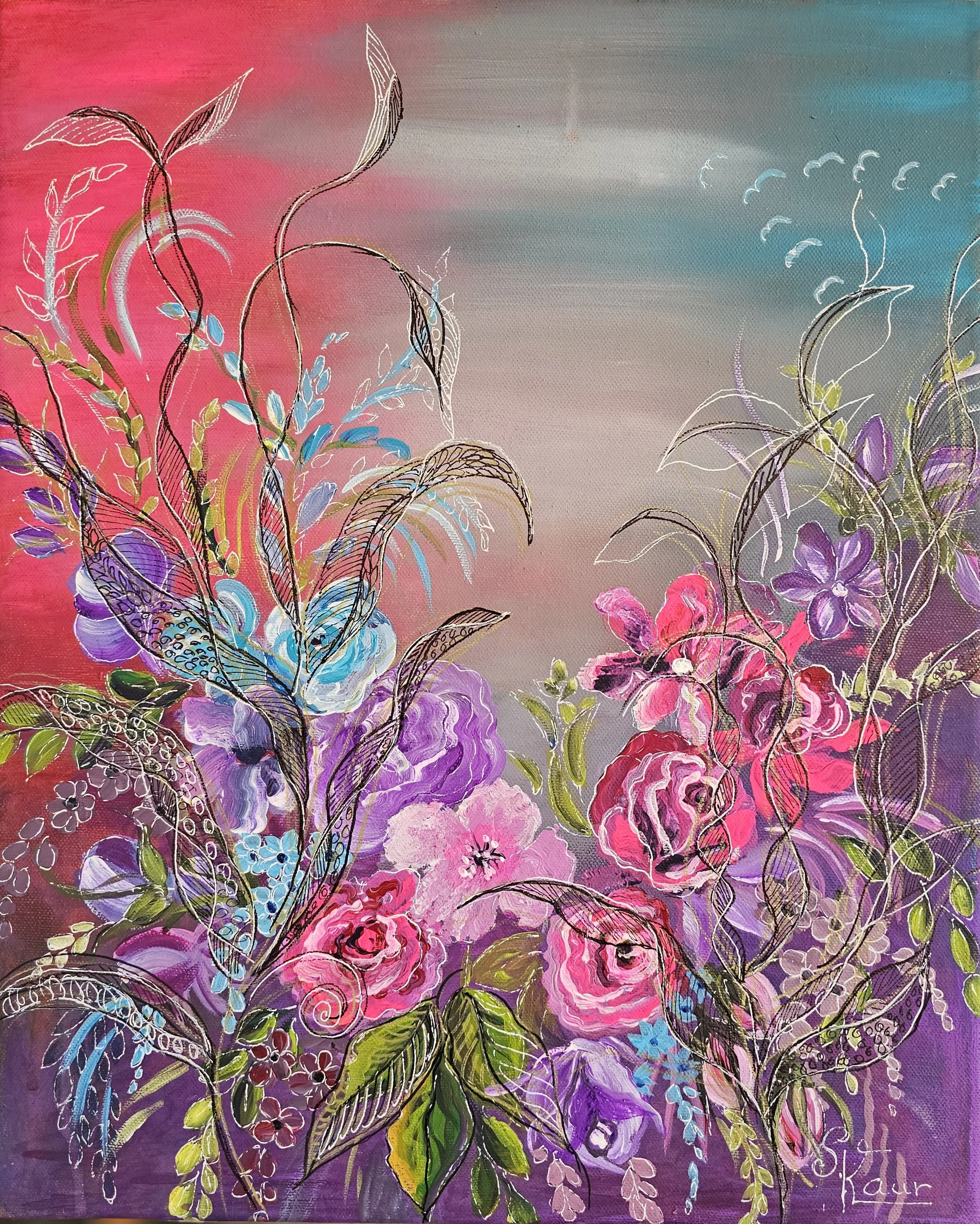 A vibrant painting of abstract flowers and leaves in pink, purple, blue, green, and violet colors with a gradient sky background.