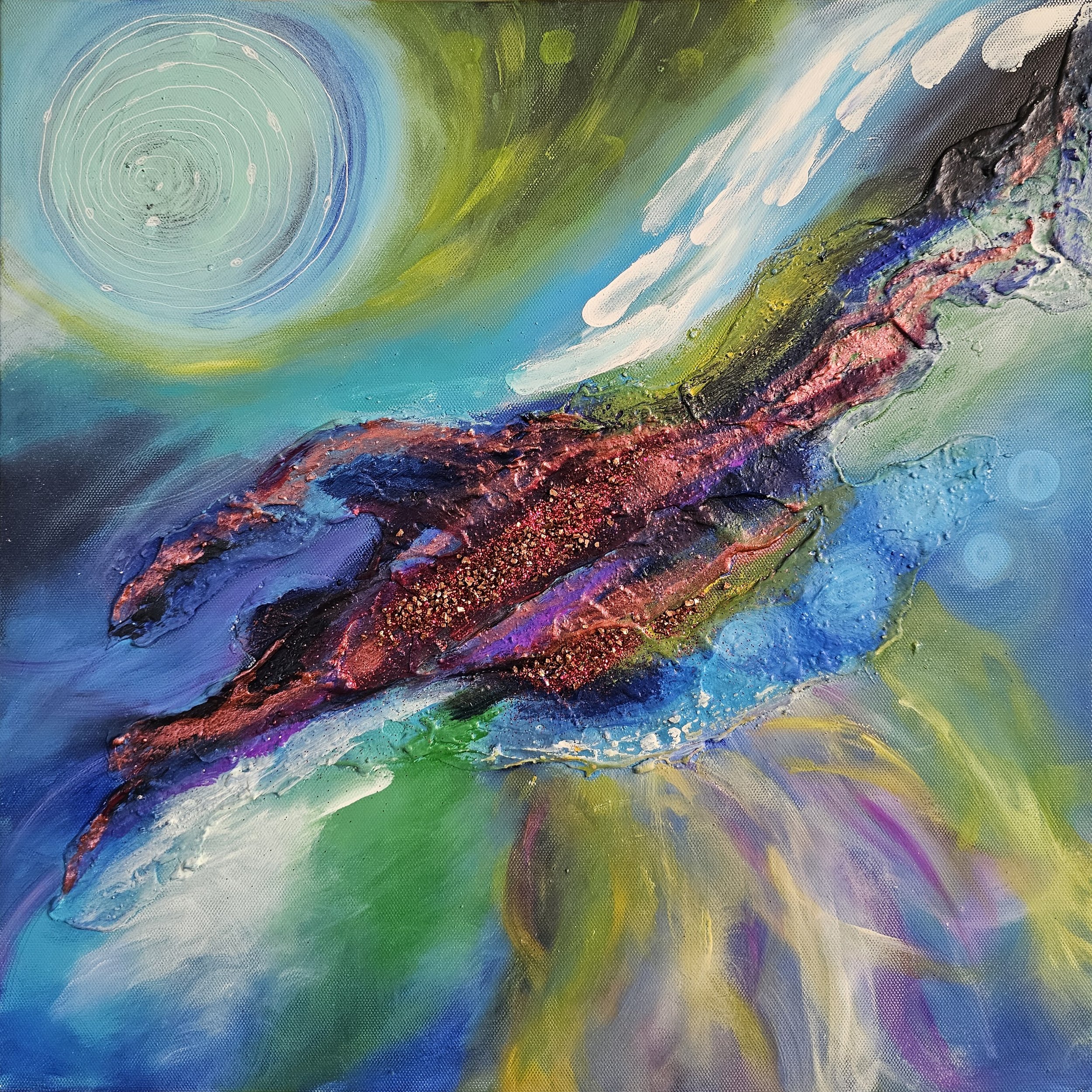 Abstract art painting featuring a swirling sky with concentric circles and a star or moon, a vibrant multicolored streak across the center, surrounded by swirling blues, greens, and whites.