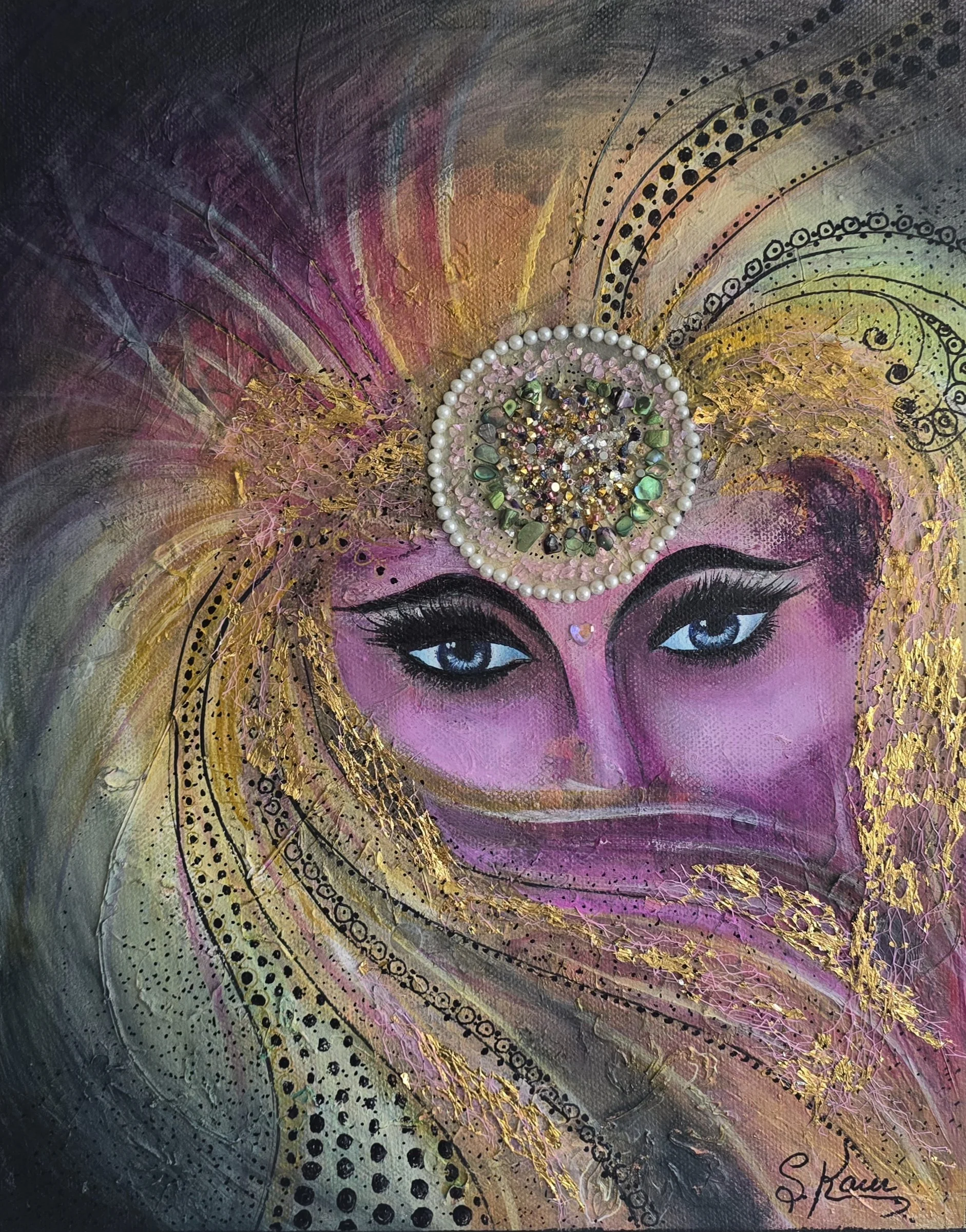 An artistic painting of a woman with blue eyes, pink skin, and elaborate golden headdress adorned with pearls and gemstones, blending abstract and detailed elements.