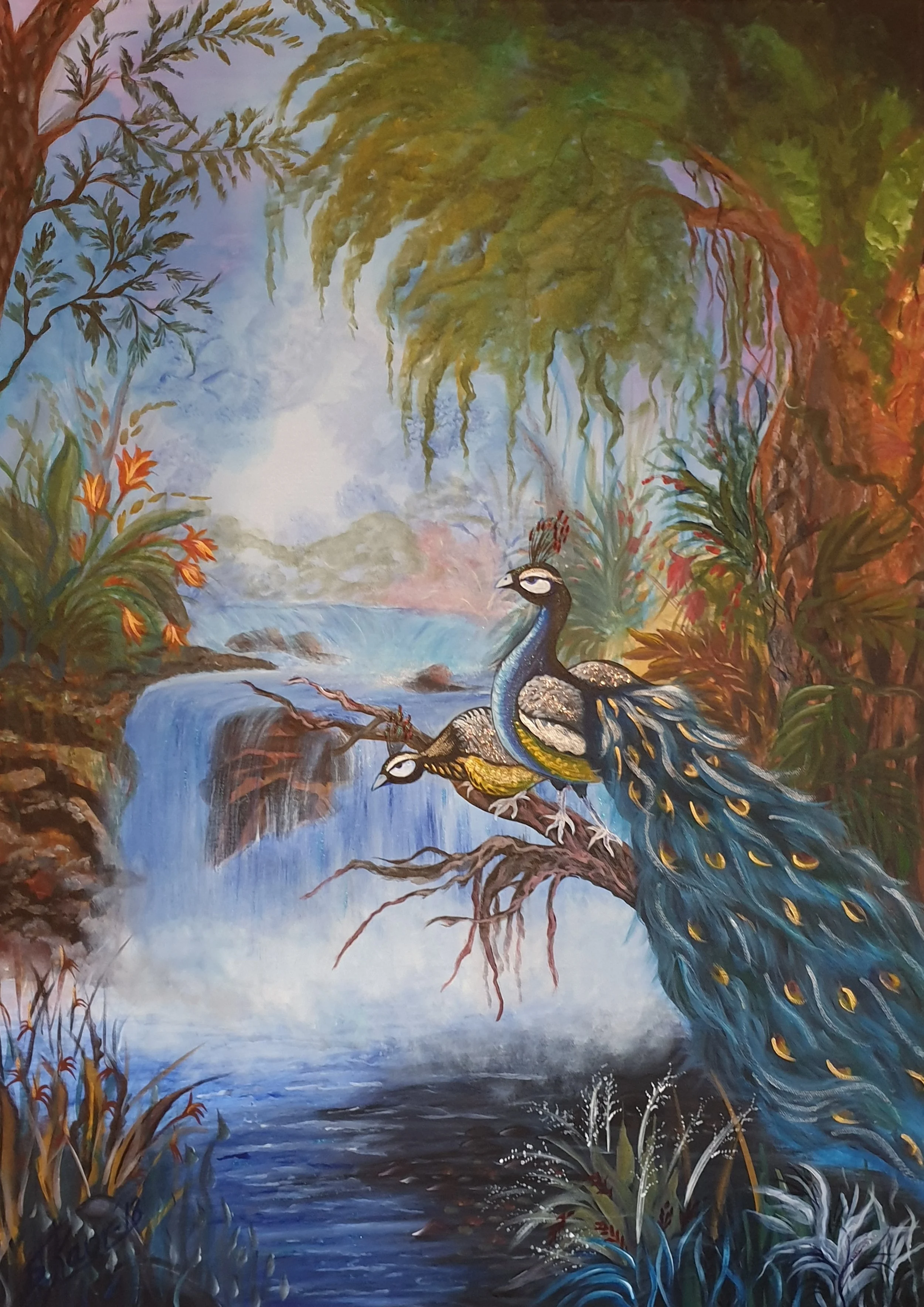 A painting of a lush, tropical scene with a waterfall, a river, and two peacocks perched on a branch in the foreground.