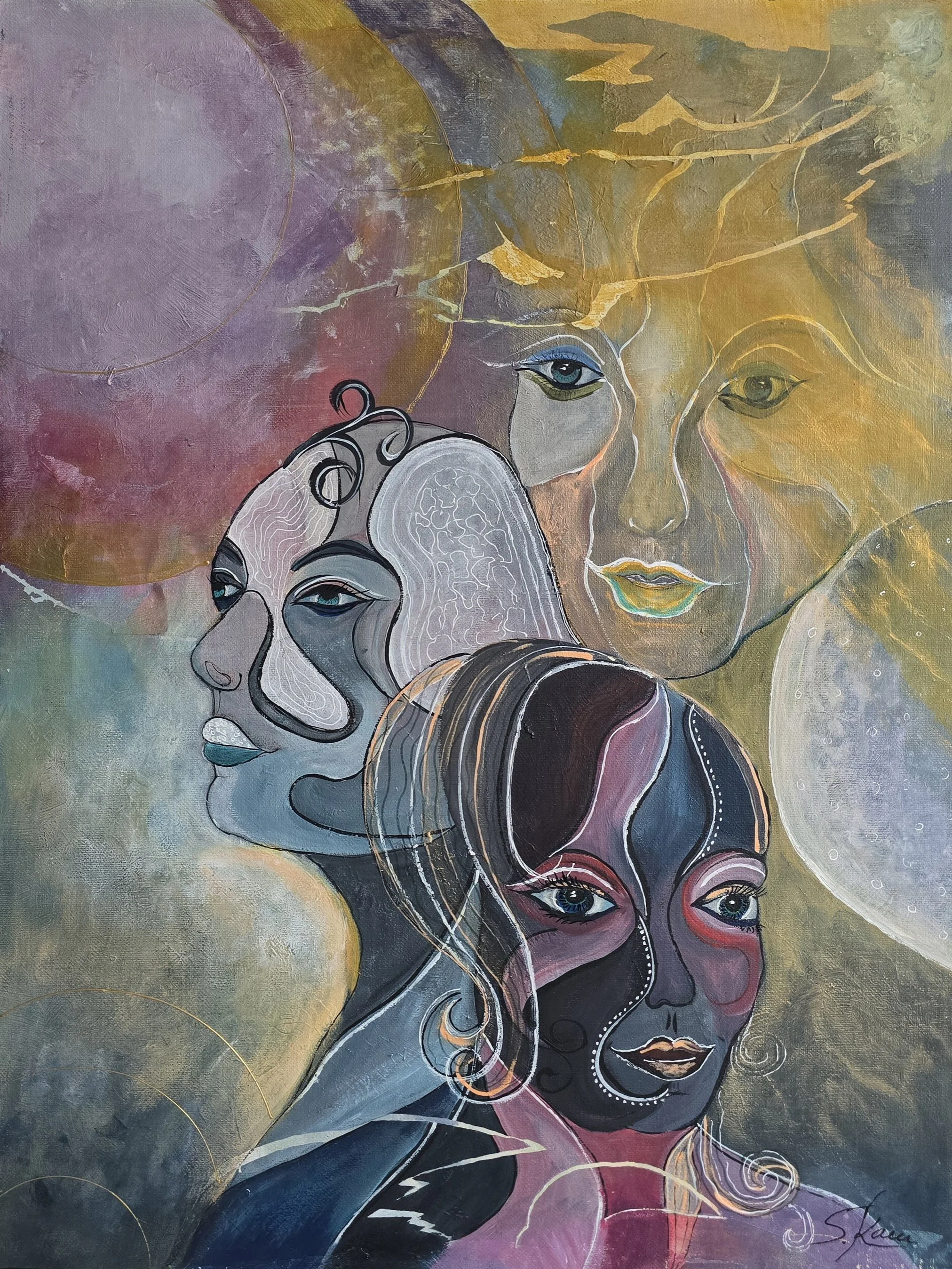 Abstract painting of three diverse women's faces with flowing hair, surrounded by pastel-colored circles and abstract lines.