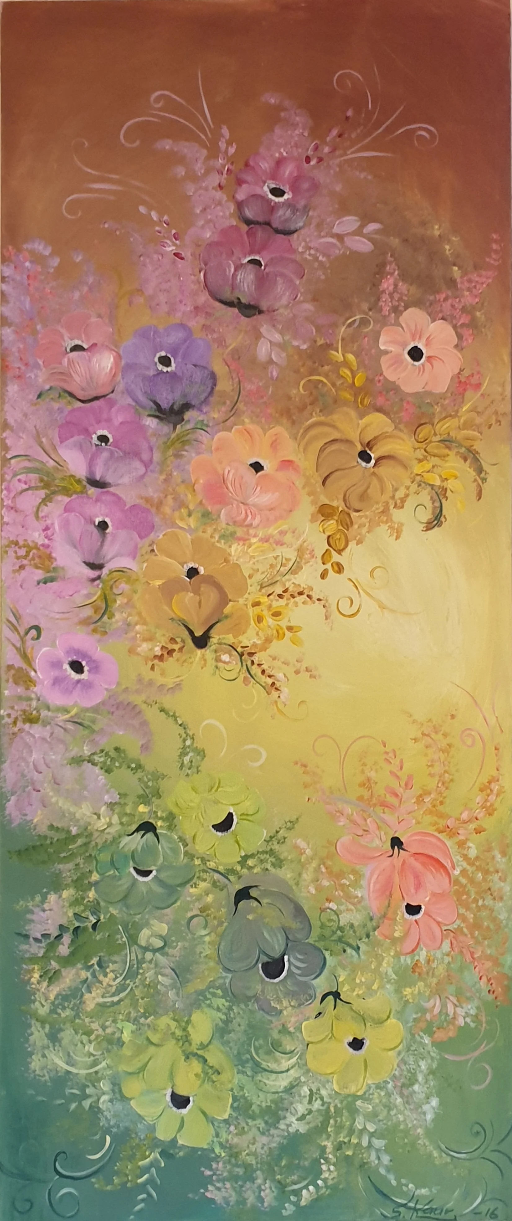 Colorful floral painting with pink, purple, yellow, green, and peach flowers on a warm, gradient background.