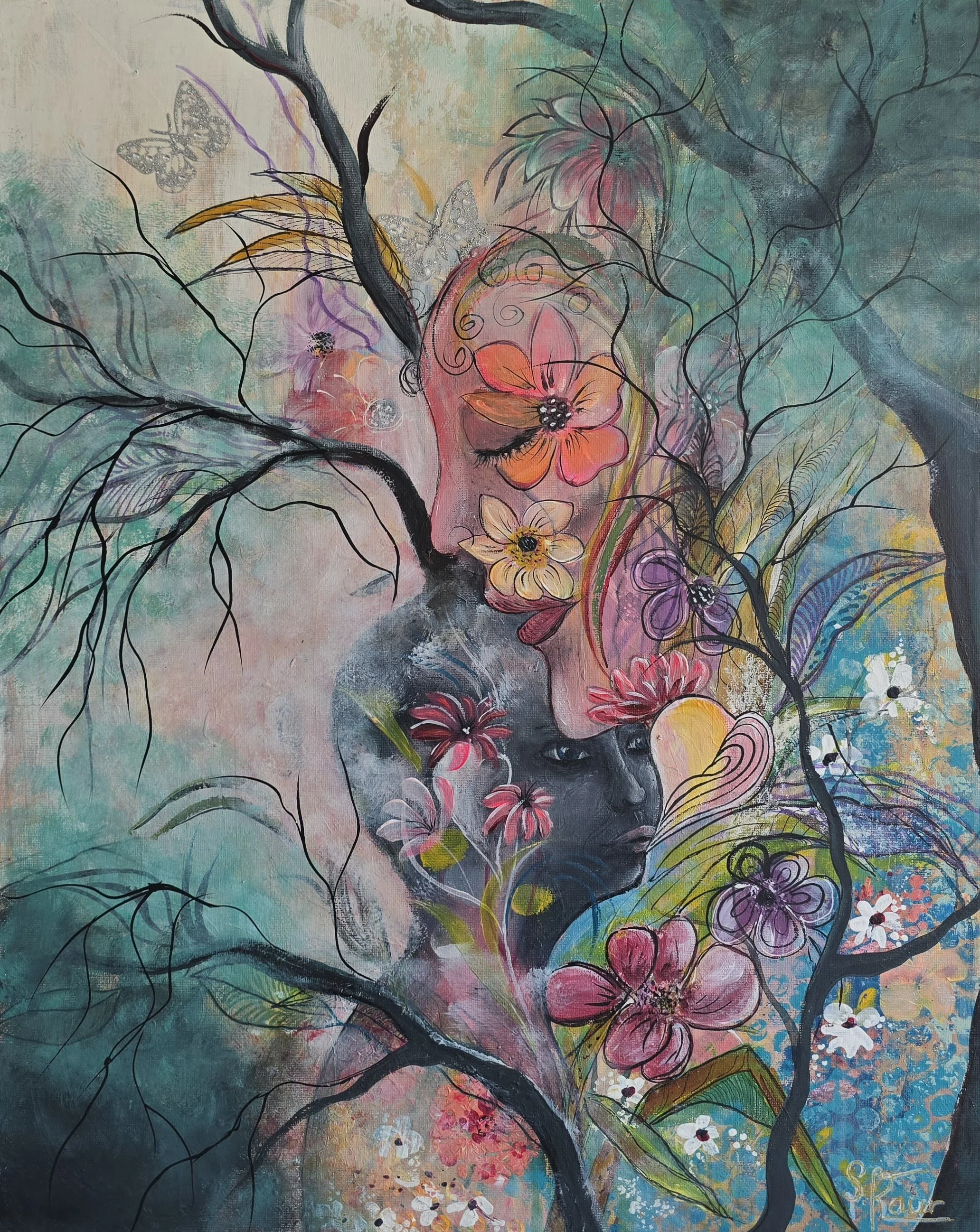 A colorful abstract painting of a woman's face intertwined with flowers, butterflies, and tree branches.
