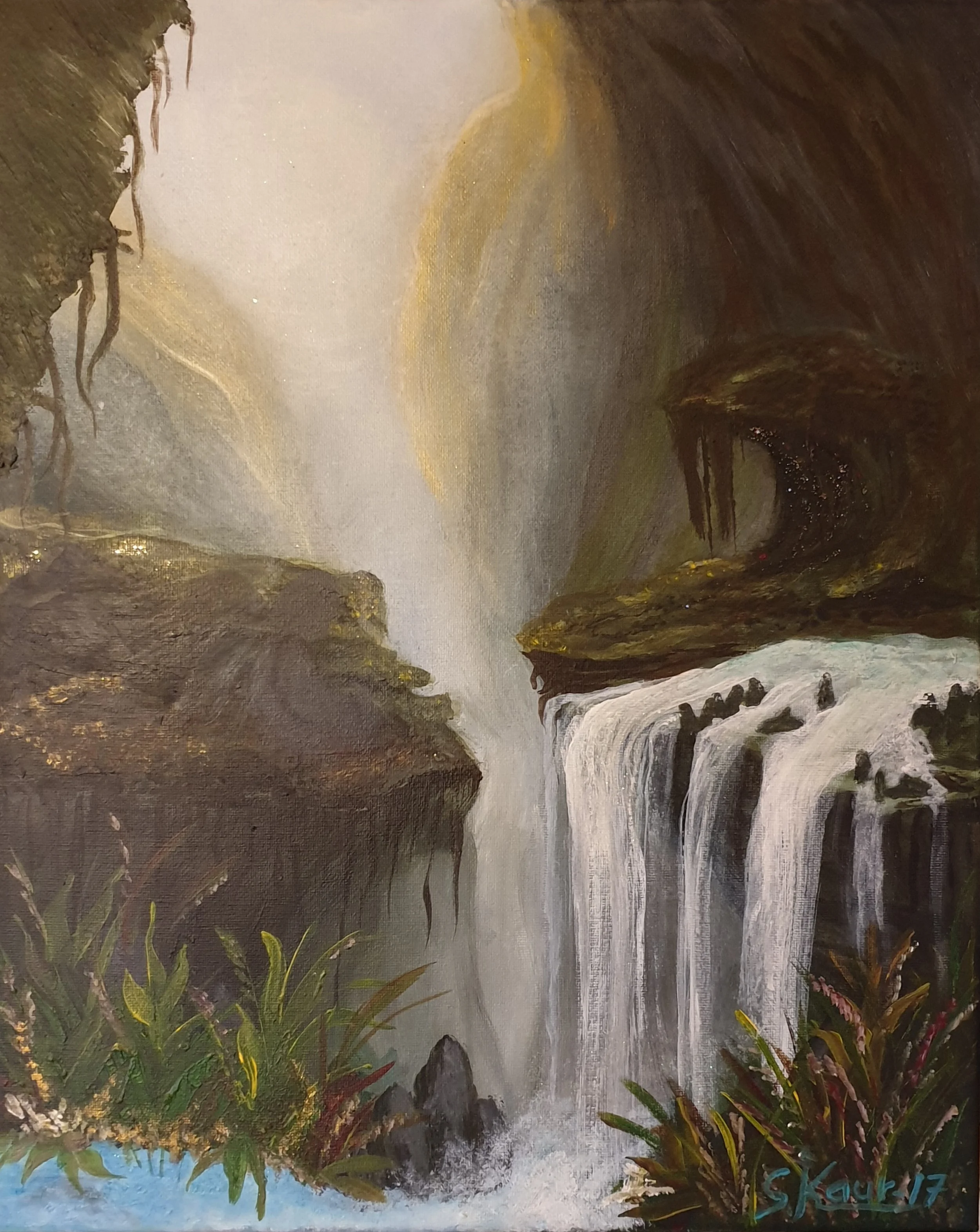 Painting of a waterfall cascading over rocks surrounded by lush green plants, with mist rising in the background.